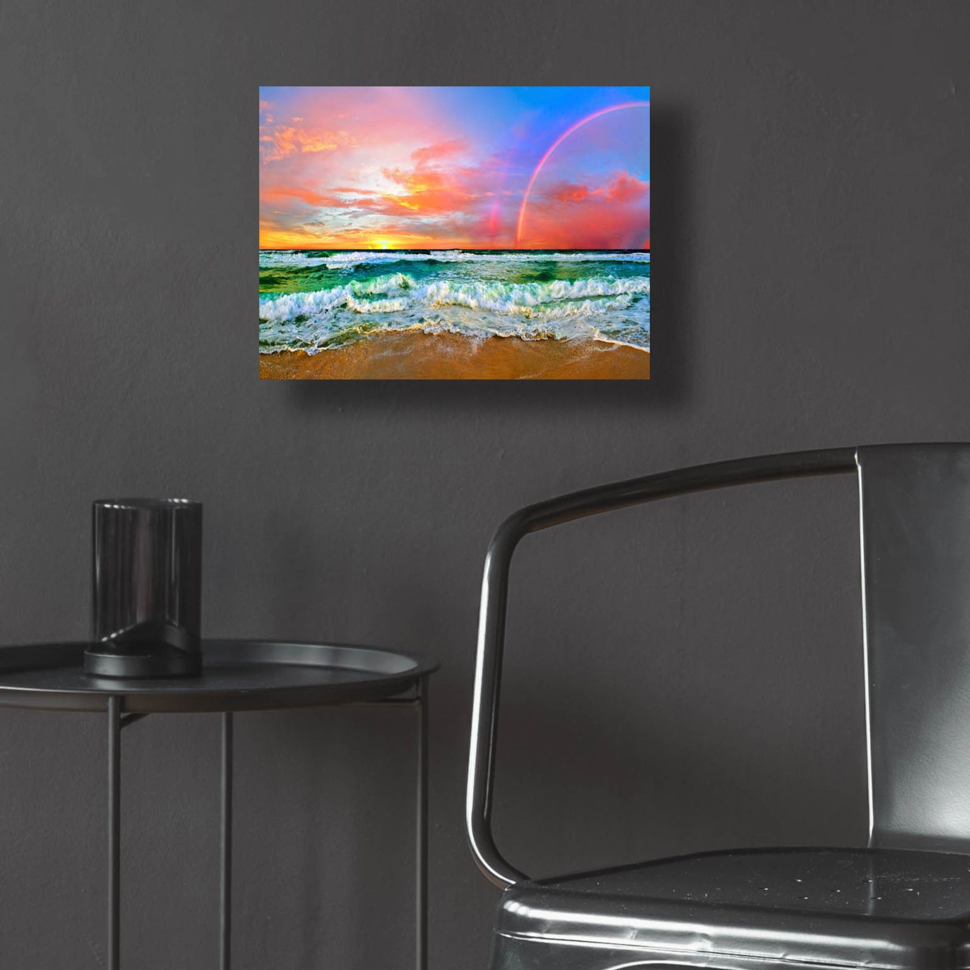 Epic Art 'Beach Rainbow Colorful Ocean Wave Sunset' by Ezra Tanner, Acrylic Glass Wall Art,16x12