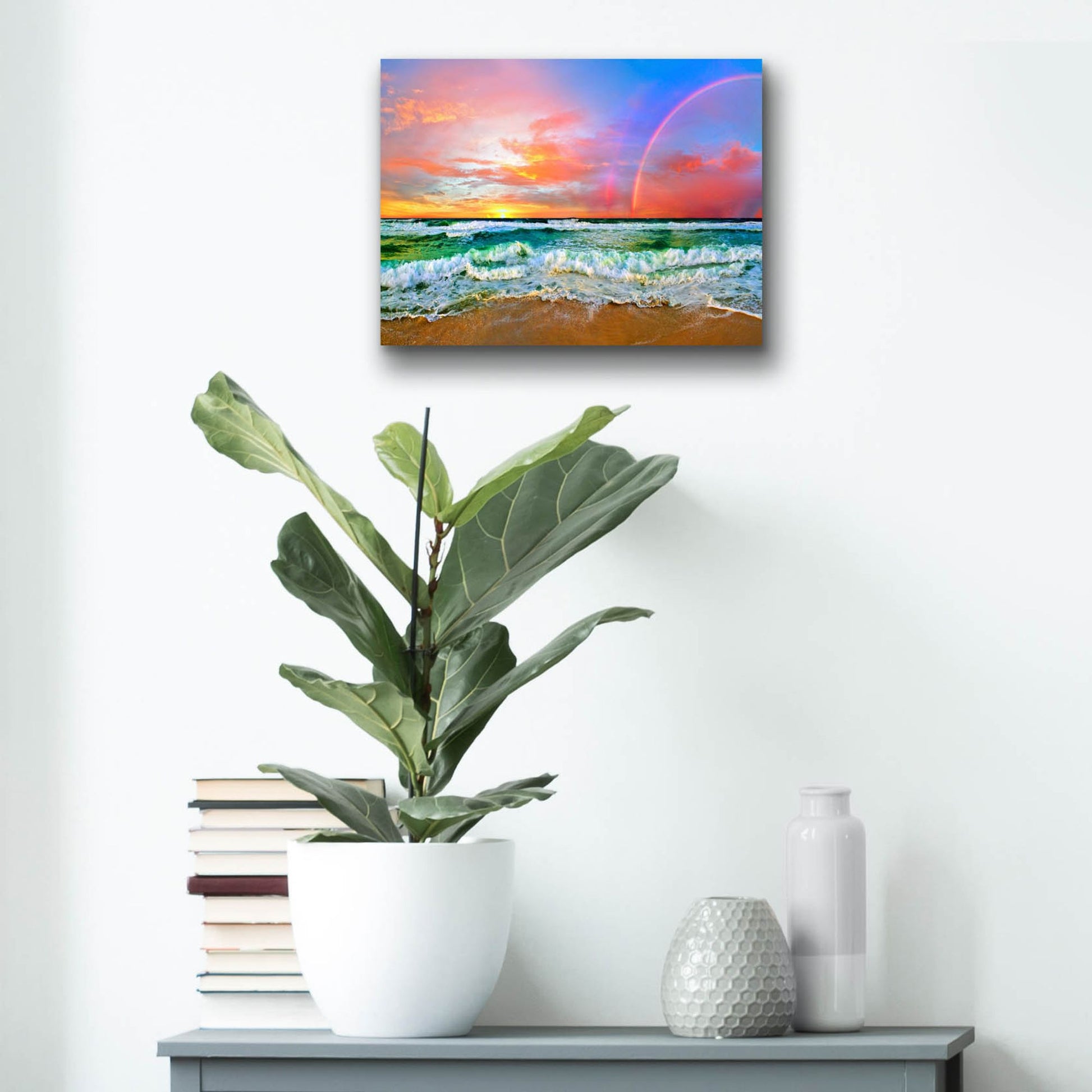 Epic Art 'Beach Rainbow Colorful Ocean Wave Sunset' by Ezra Tanner, Acrylic Glass Wall Art,16x12
