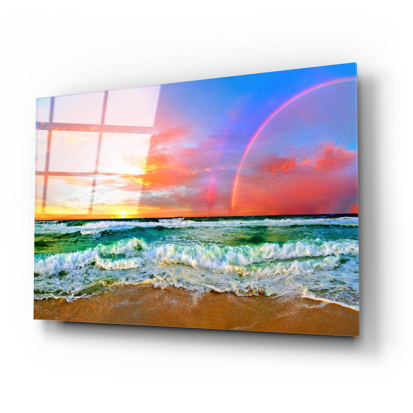 Epic Art 'Beach Rainbow Colorful Ocean Wave Sunset' by Ezra Tanner, Acrylic Glass Wall Art,24x16
