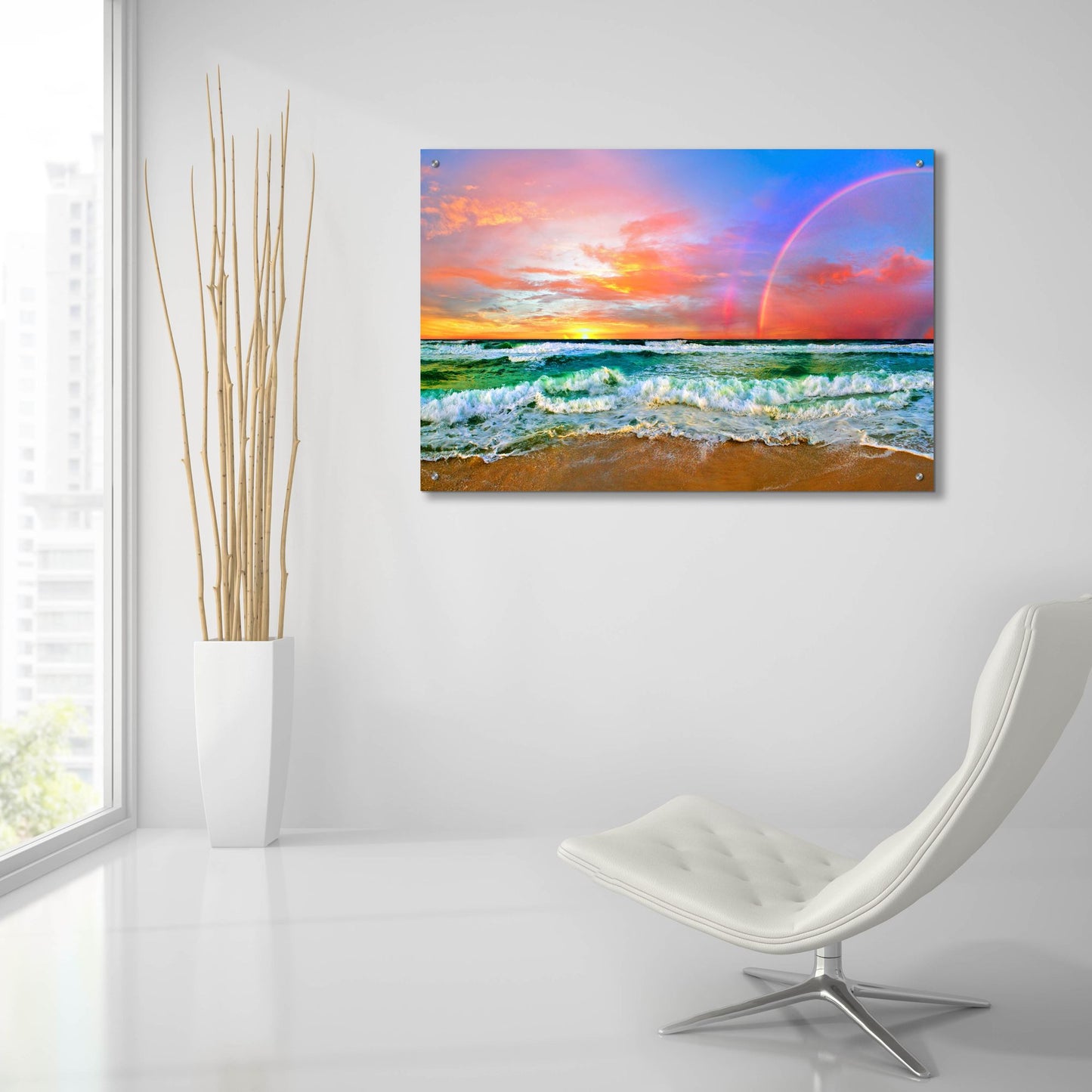Epic Art 'Beach Rainbow Colorful Ocean Wave Sunset' by Ezra Tanner, Acrylic Glass Wall Art,36x24