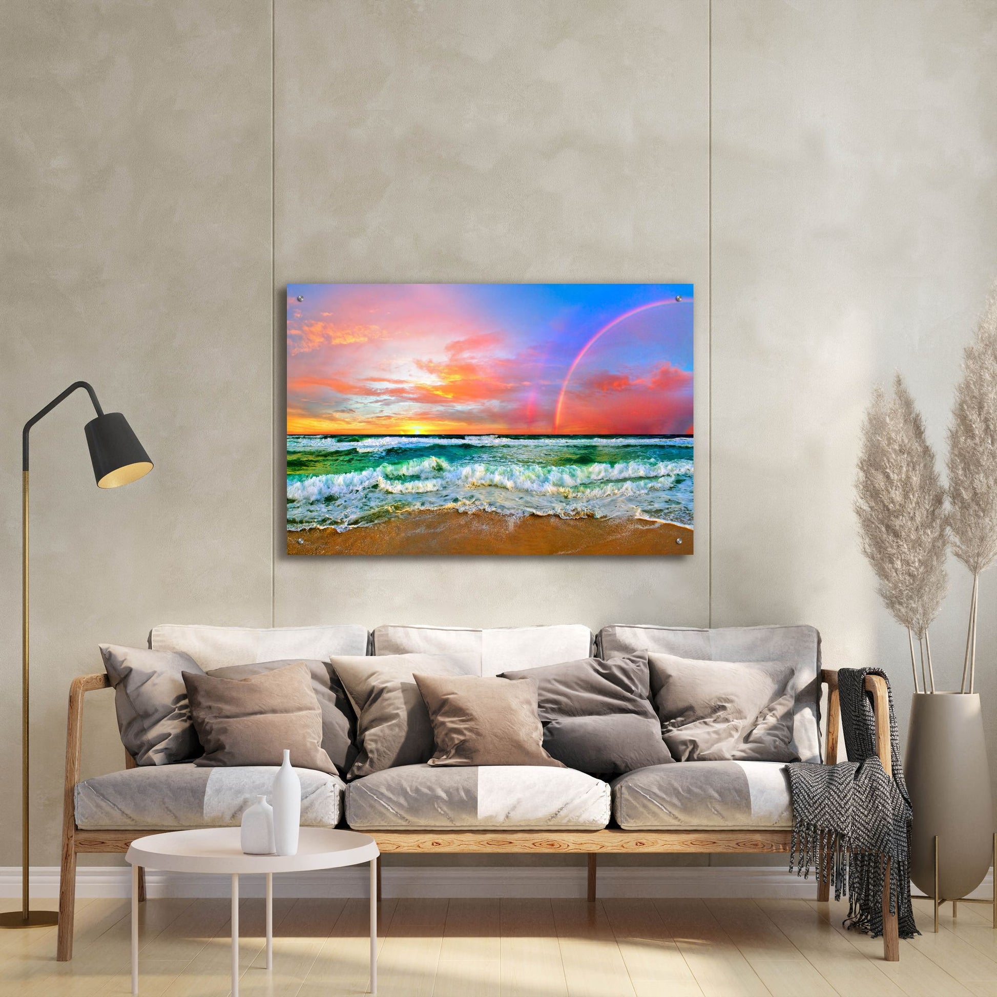 Epic Art 'Beach Rainbow Colorful Ocean Wave Sunset' by Ezra Tanner, Acrylic Glass Wall Art,36x24