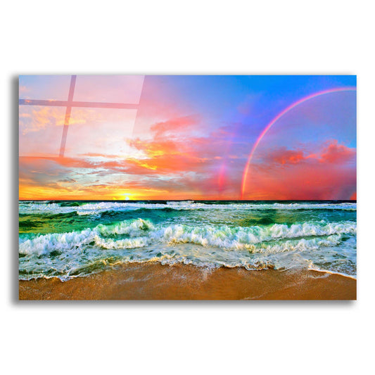 Epic Art 'Beach Rainbow Colorful Ocean Wave Sunset' by Ezra Tanner, Acrylic Glass Wall Art