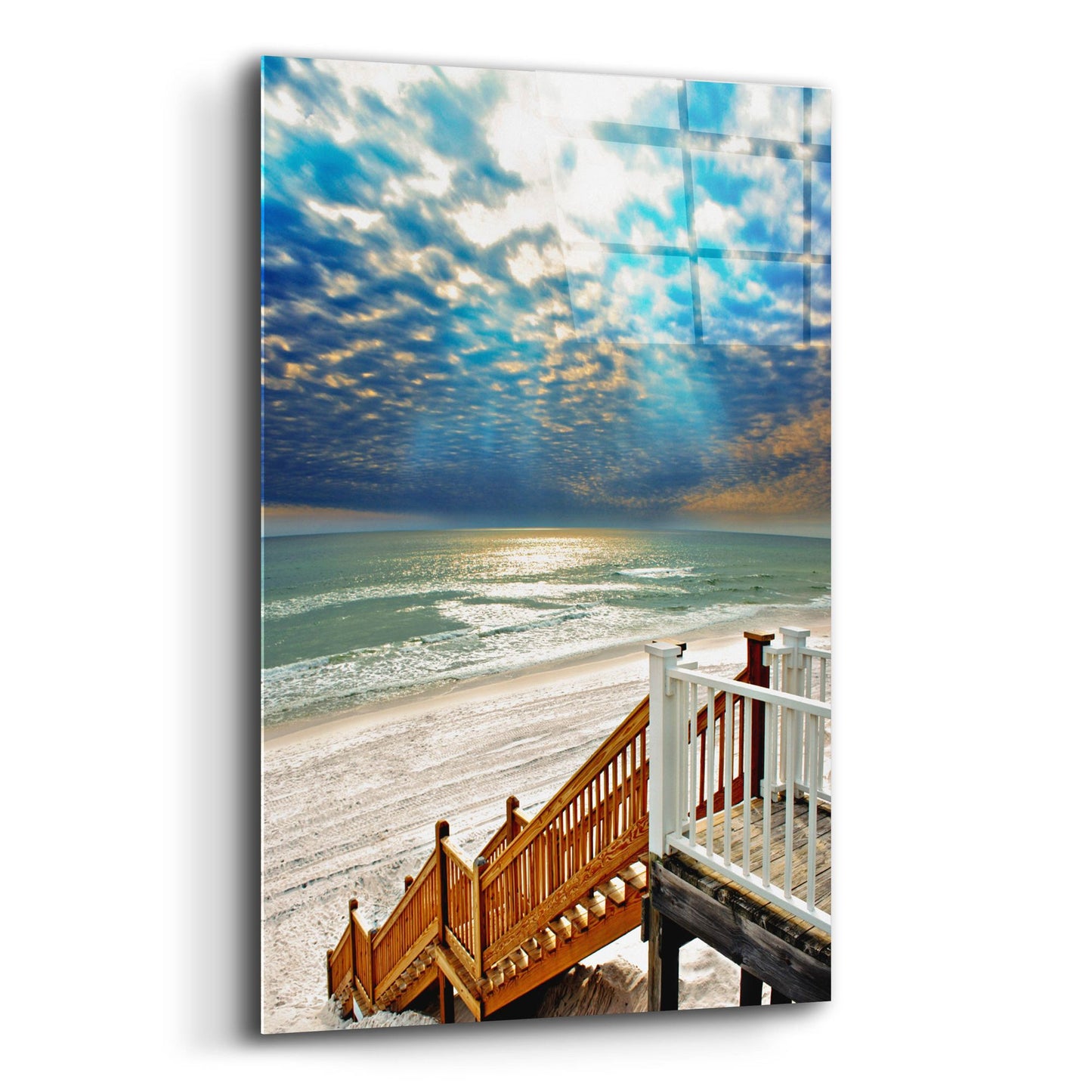 Epic Art 'Beach Staircase Blue Sun Rays Glistening Sea' by Ezra Tanner, Acrylic Glass Wall Art,12x16