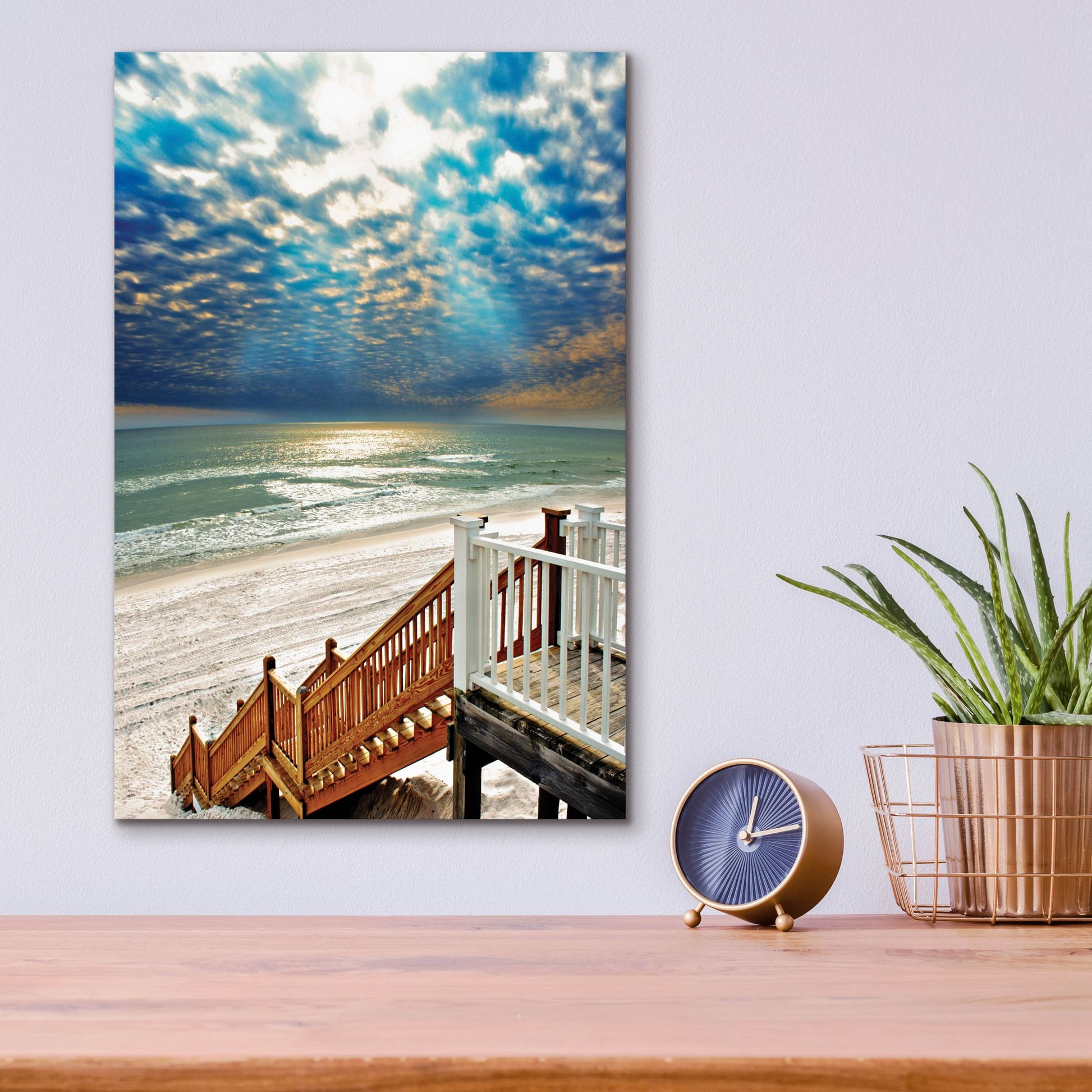 Epic Art 'Beach Staircase Blue Sun Rays Glistening Sea' by Ezra Tanner, Acrylic Glass Wall Art,12x16