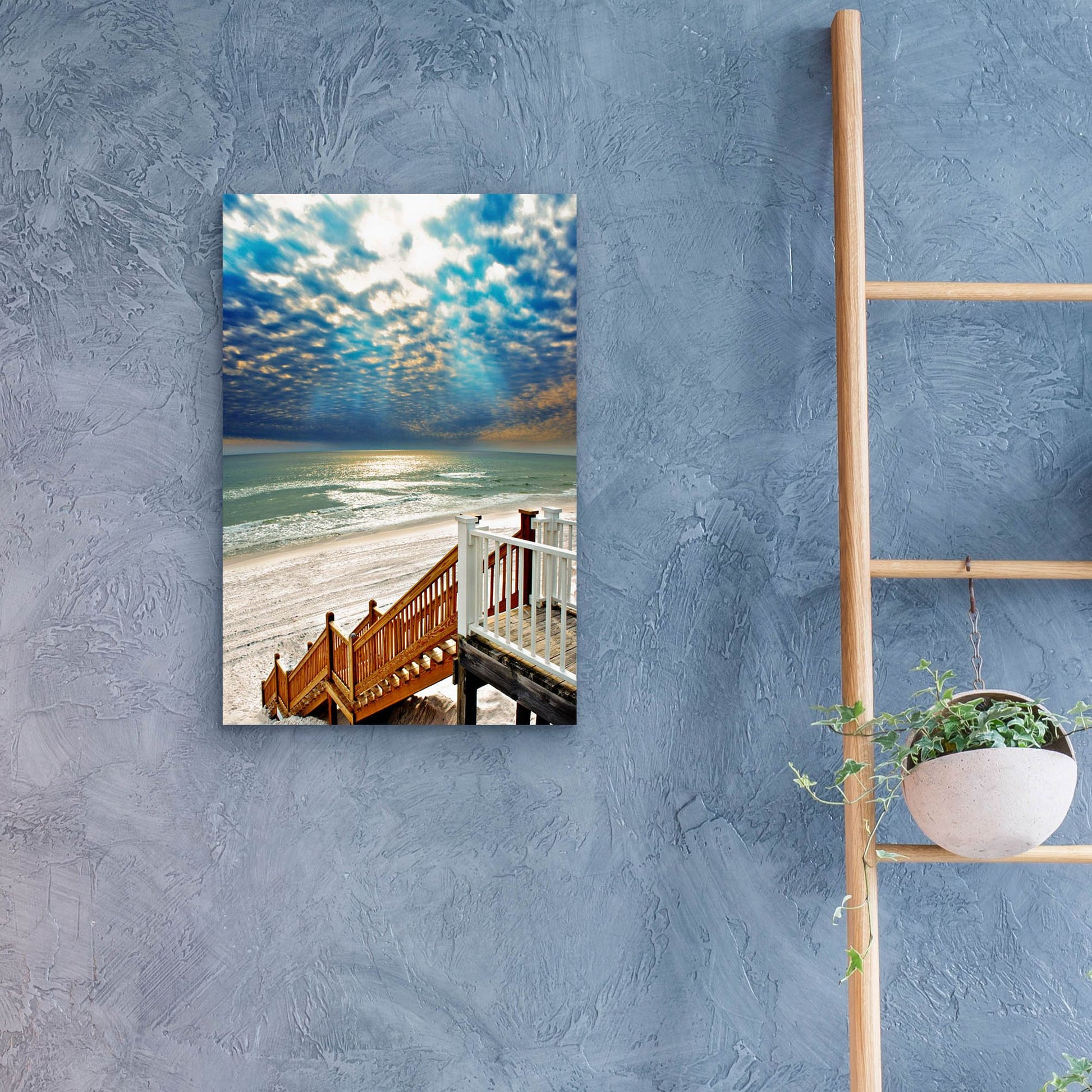 Epic Art 'Beach Staircase Blue Sun Rays Glistening Sea' by Ezra Tanner, Acrylic Glass Wall Art,16x24