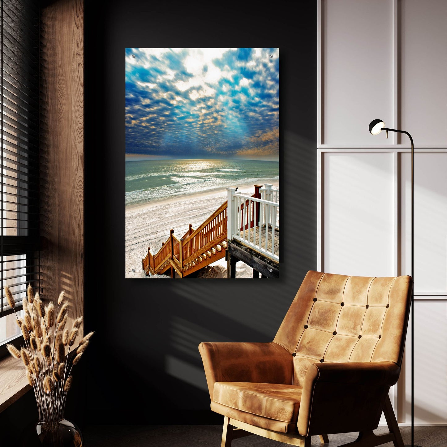 Epic Art 'Beach Staircase Blue Sun Rays Glistening Sea' by Ezra Tanner, Acrylic Glass Wall Art,24x36