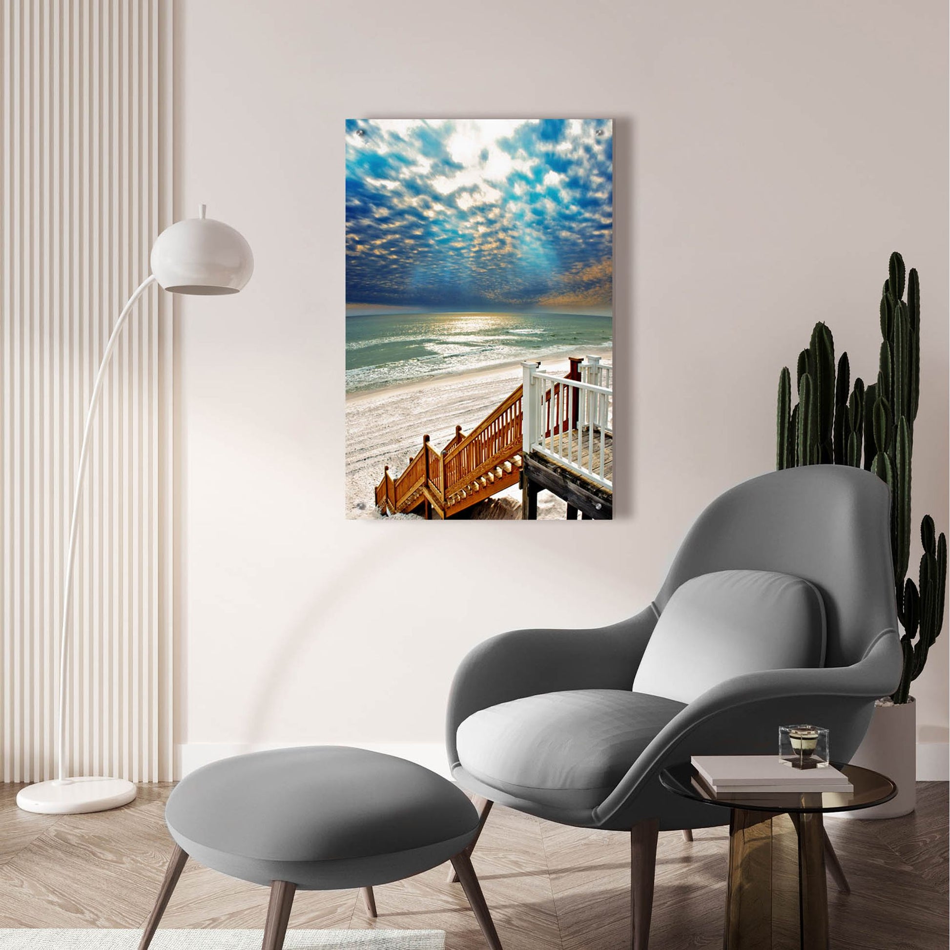 Epic Art 'Beach Staircase Blue Sun Rays Glistening Sea' by Ezra Tanner, Acrylic Glass Wall Art,24x36