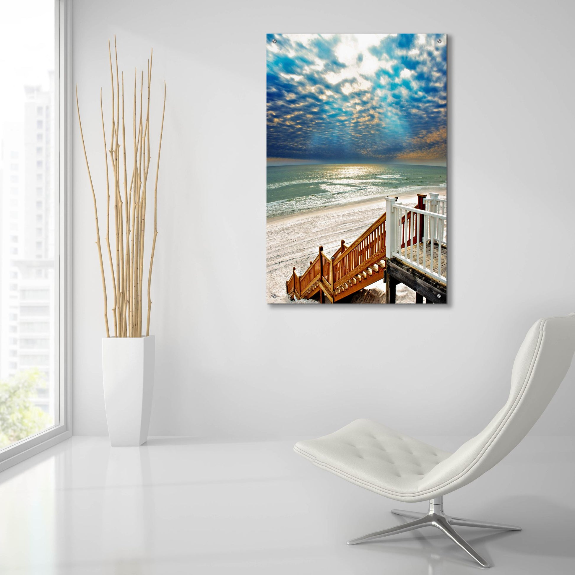 Epic Art 'Beach Staircase Blue Sun Rays Glistening Sea' by Ezra Tanner, Acrylic Glass Wall Art,24x36