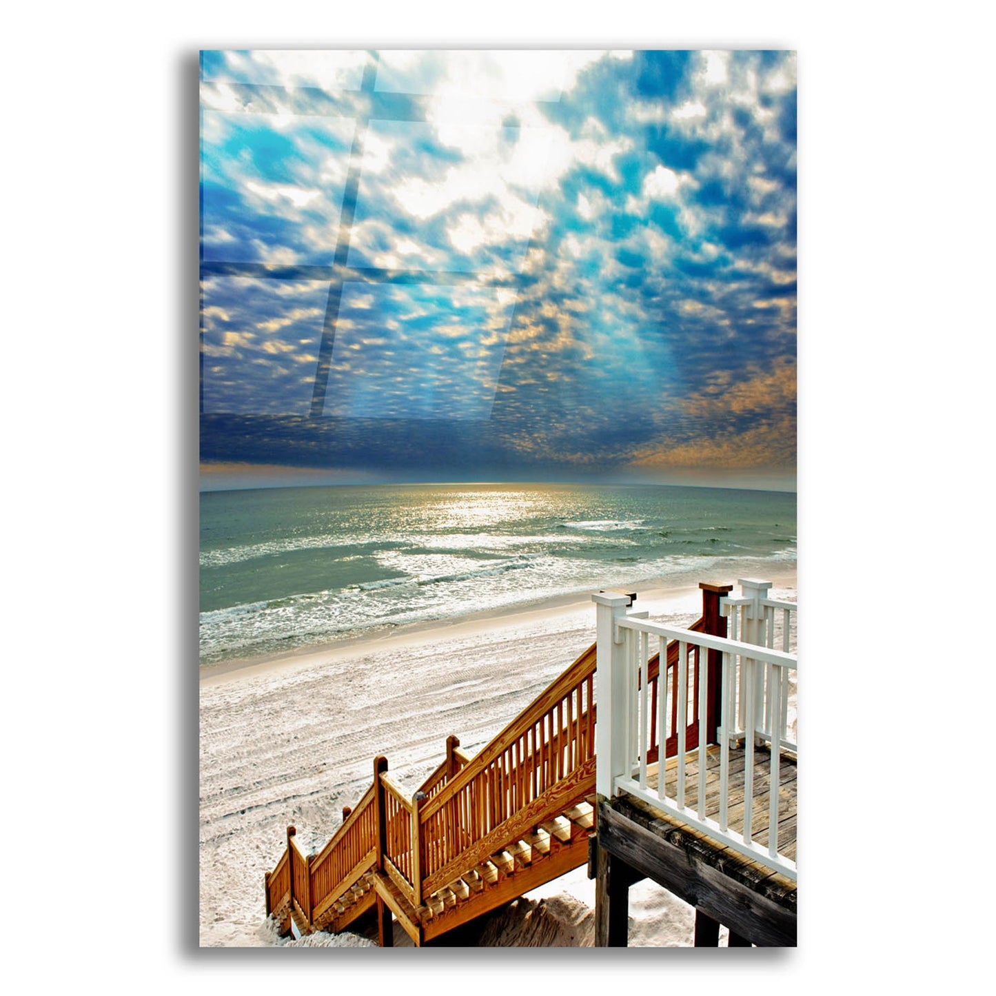 Epic Art 'Beach Staircase Blue Sun Rays Glistening Sea' by Ezra Tanner, Acrylic Glass Wall Art