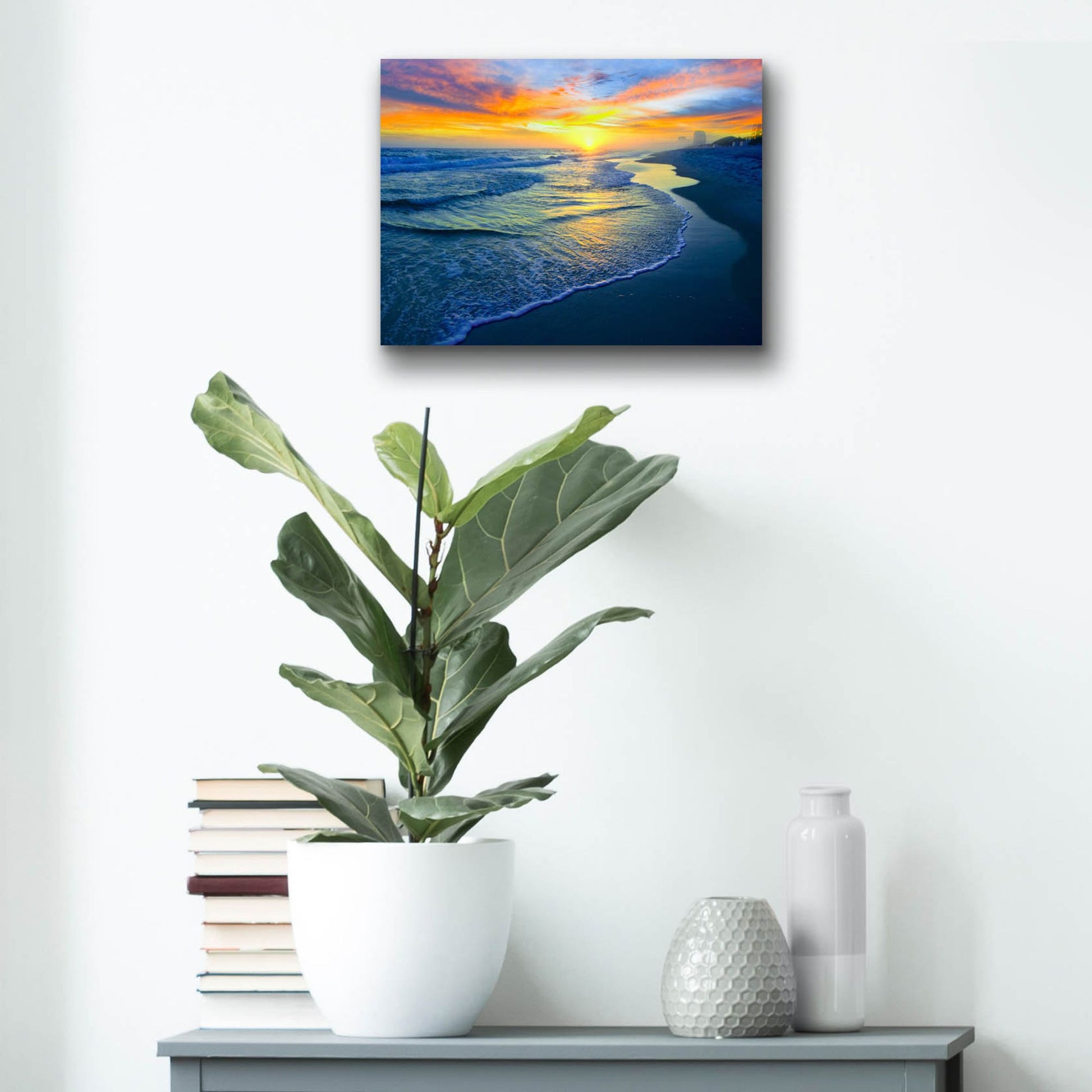 Epic Art 'Yellow Sun Sunset Red And Blue Seascape' by Ezra Tanner, Acrylic Glass Wall Art,16x12