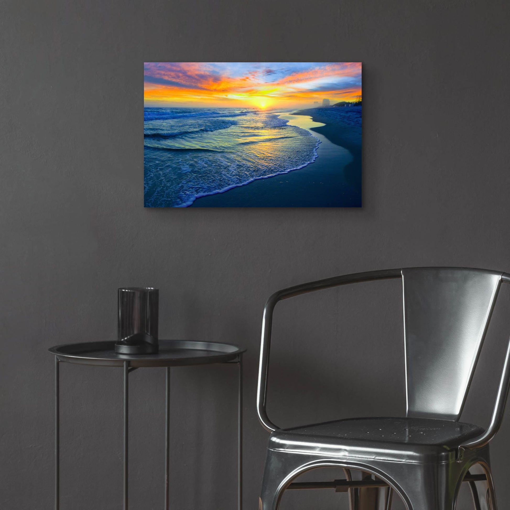 Epic Art 'Yellow Sun Sunset Red And Blue Seascape' by Ezra Tanner, Acrylic Glass Wall Art,24x16