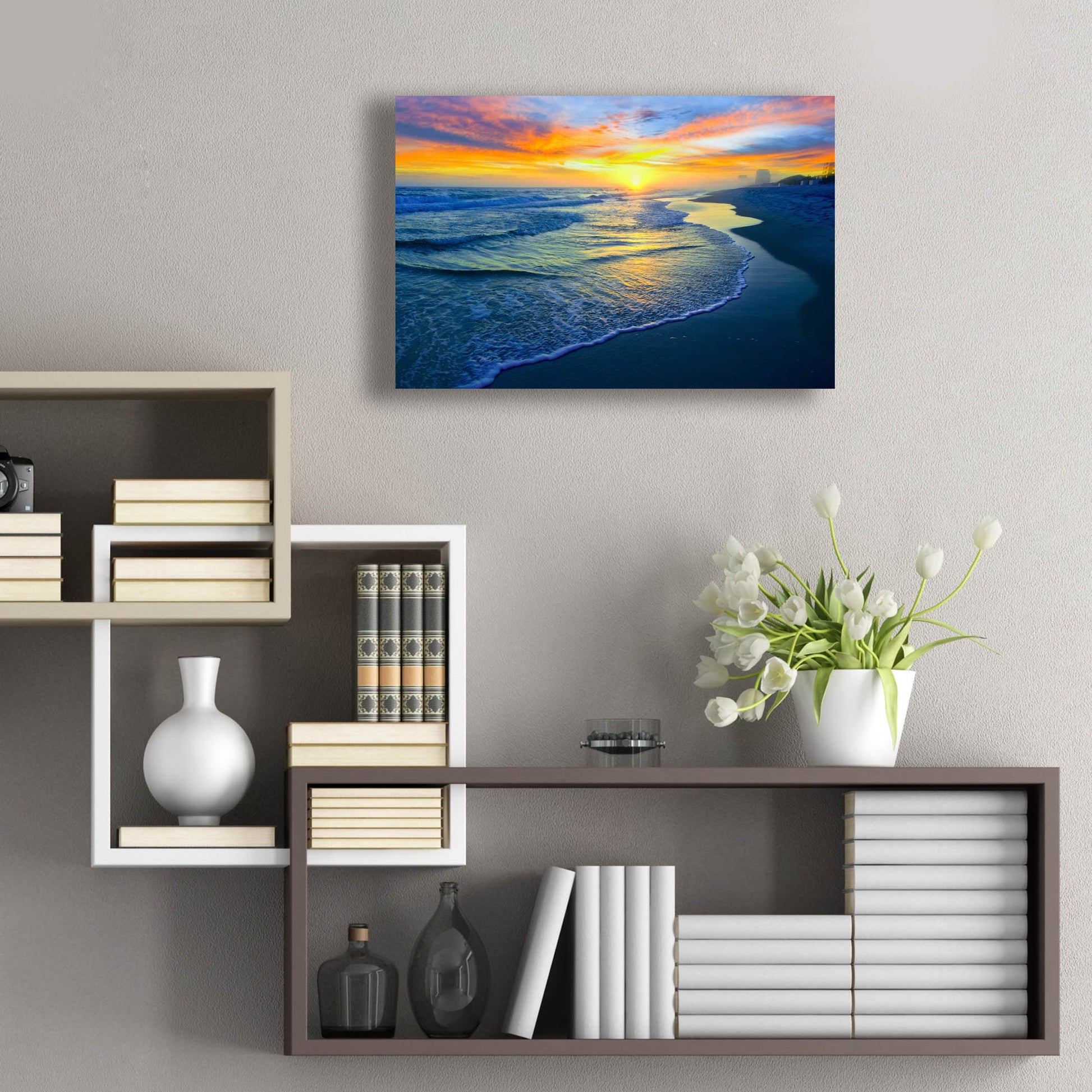 Epic Art 'Yellow Sun Sunset Red And Blue Seascape' by Ezra Tanner, Acrylic Glass Wall Art,24x16