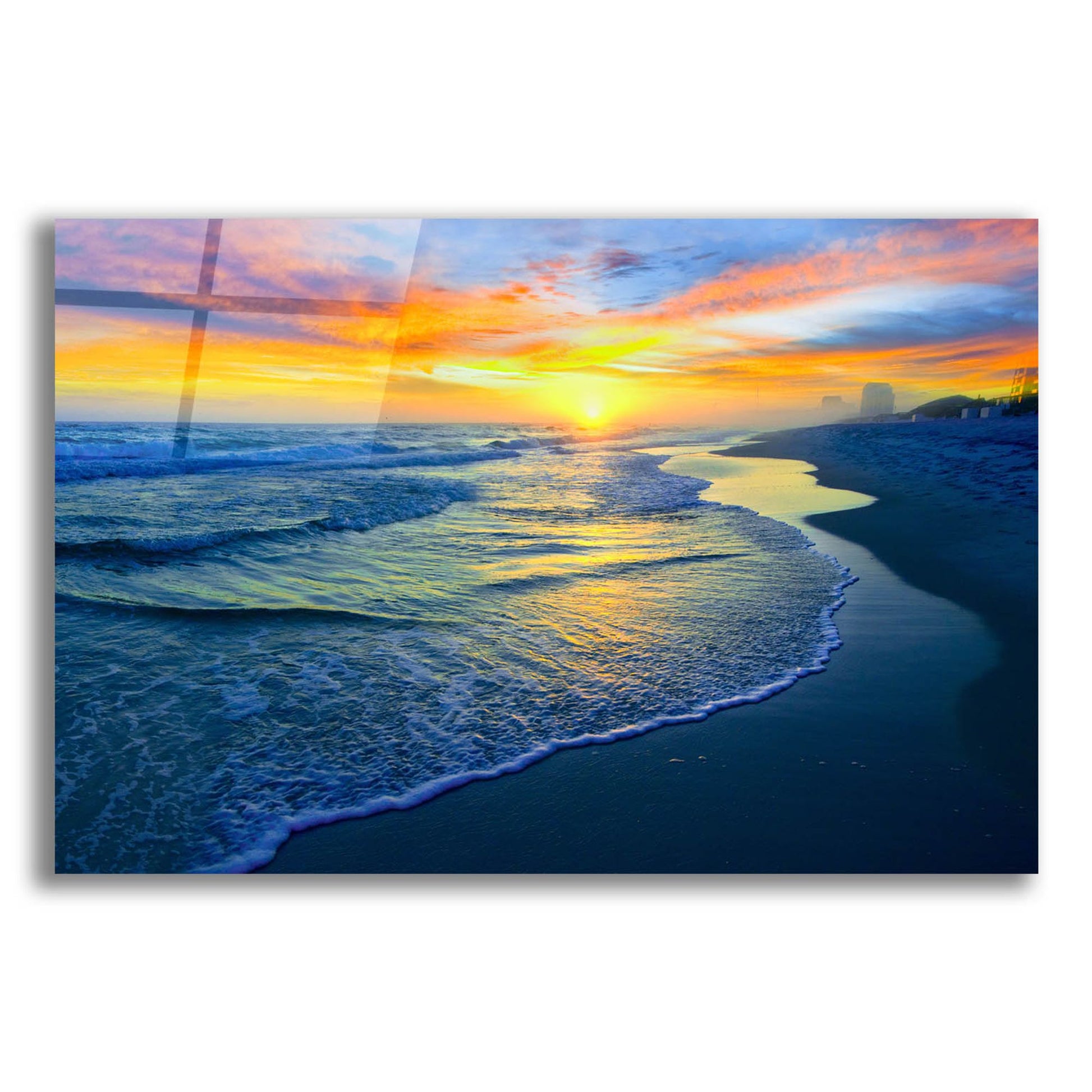 Epic Art 'Yellow Sun Sunset Red And Blue Seascape' by Ezra Tanner, Acrylic Glass Wall Art,24x16