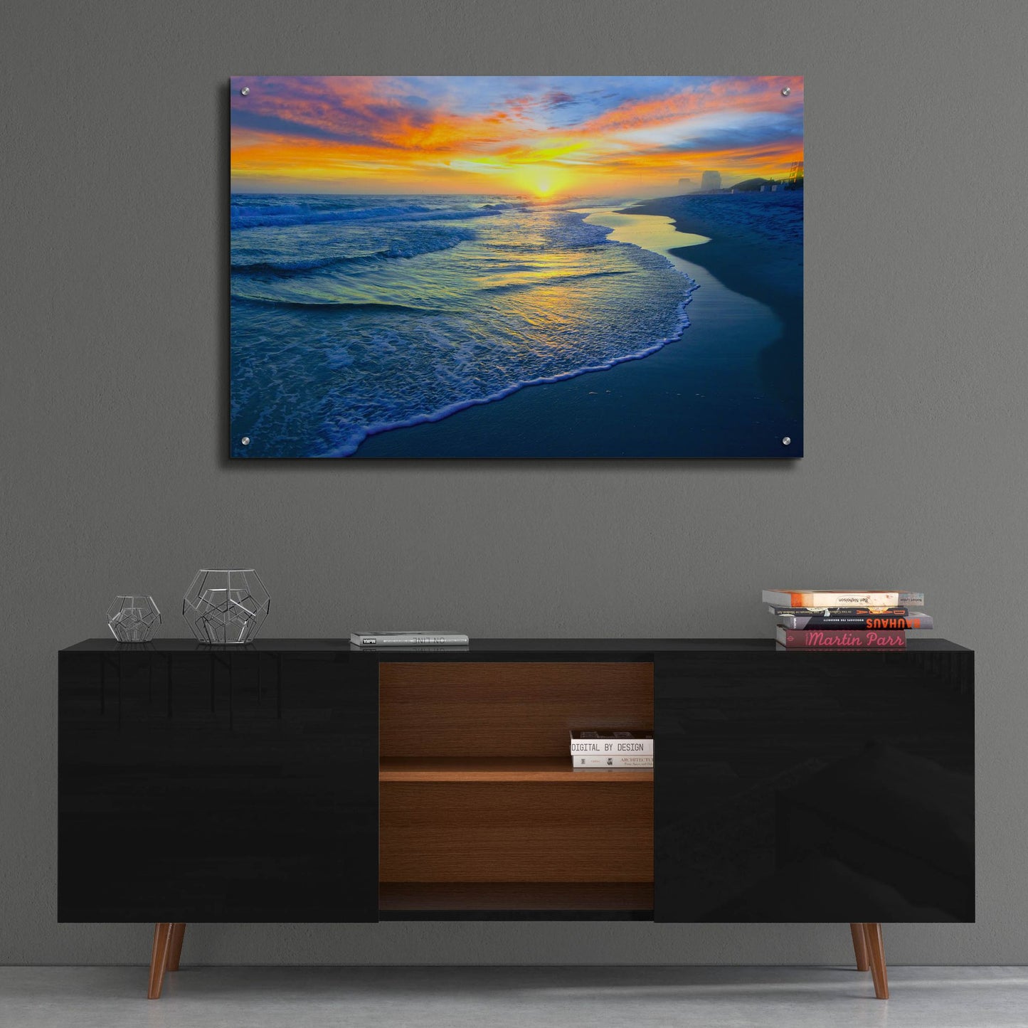 Epic Art 'Yellow Sun Sunset Red And Blue Seascape' by Ezra Tanner, Acrylic Glass Wall Art,36x24