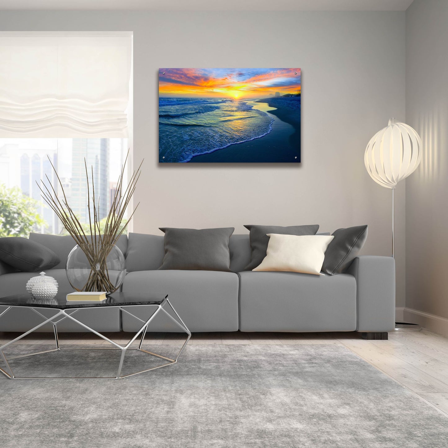 Epic Art 'Yellow Sun Sunset Red And Blue Seascape' by Ezra Tanner, Acrylic Glass Wall Art,36x24