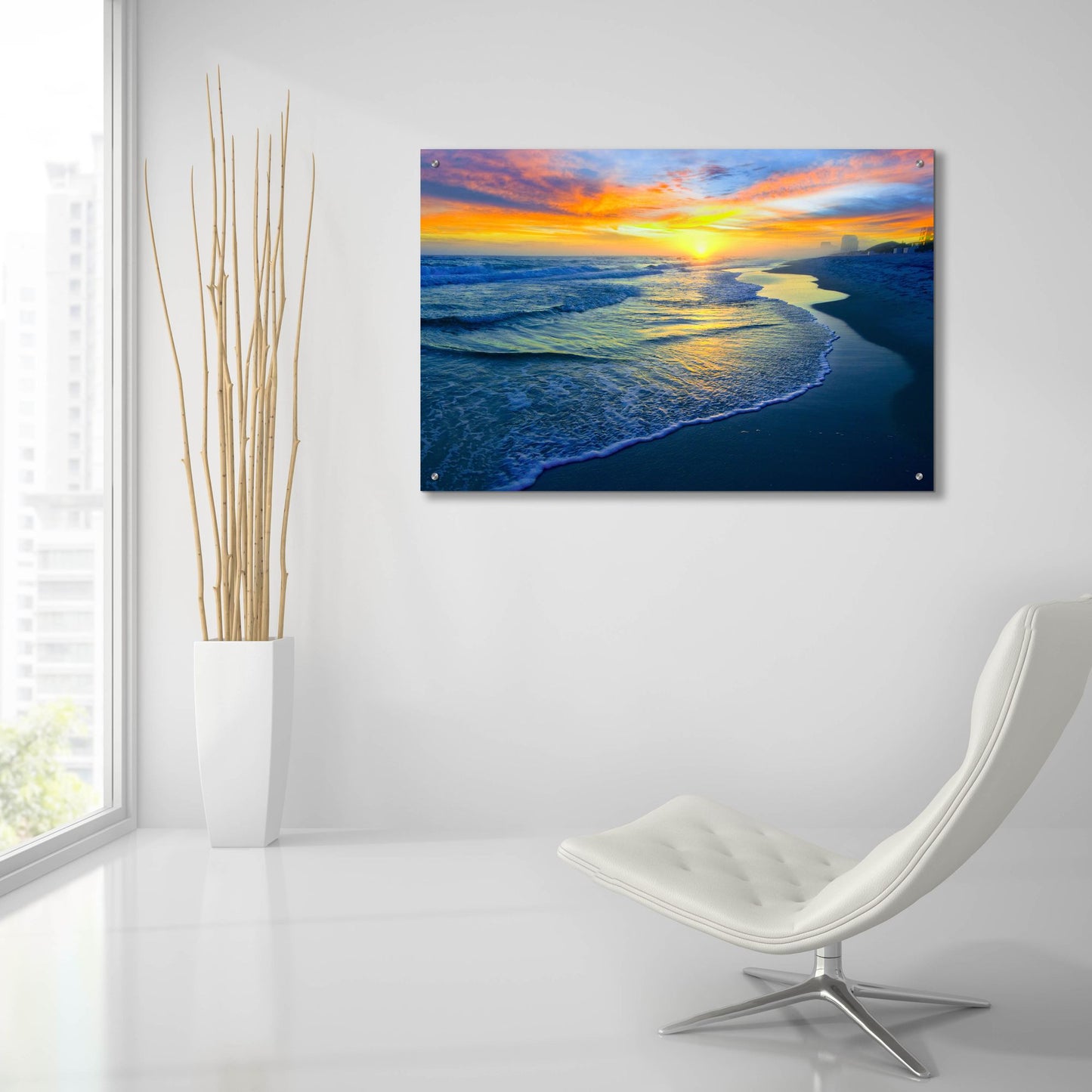 Epic Art 'Yellow Sun Sunset Red And Blue Seascape' by Ezra Tanner, Acrylic Glass Wall Art,36x24