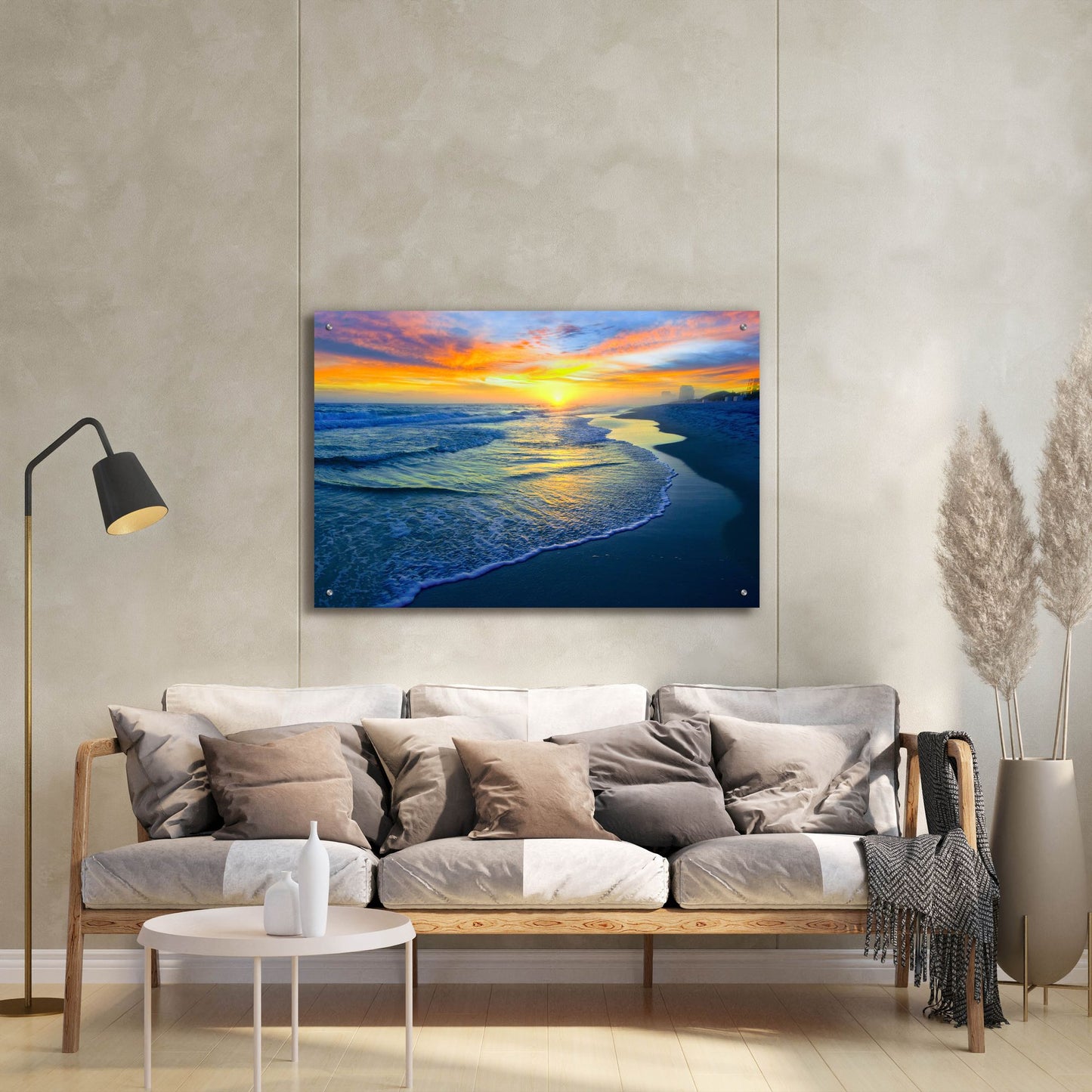 Epic Art 'Yellow Sun Sunset Red And Blue Seascape' by Ezra Tanner, Acrylic Glass Wall Art,36x24