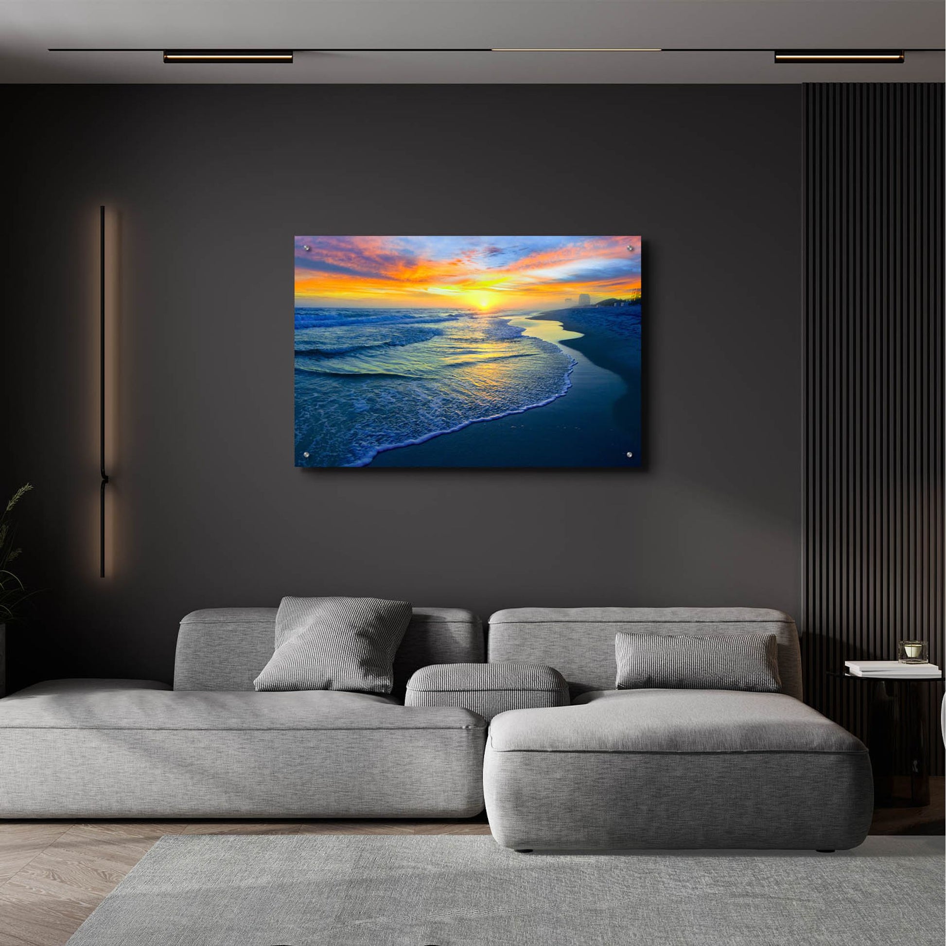 Epic Art 'Yellow Sun Sunset Red And Blue Seascape' by Ezra Tanner, Acrylic Glass Wall Art,36x24