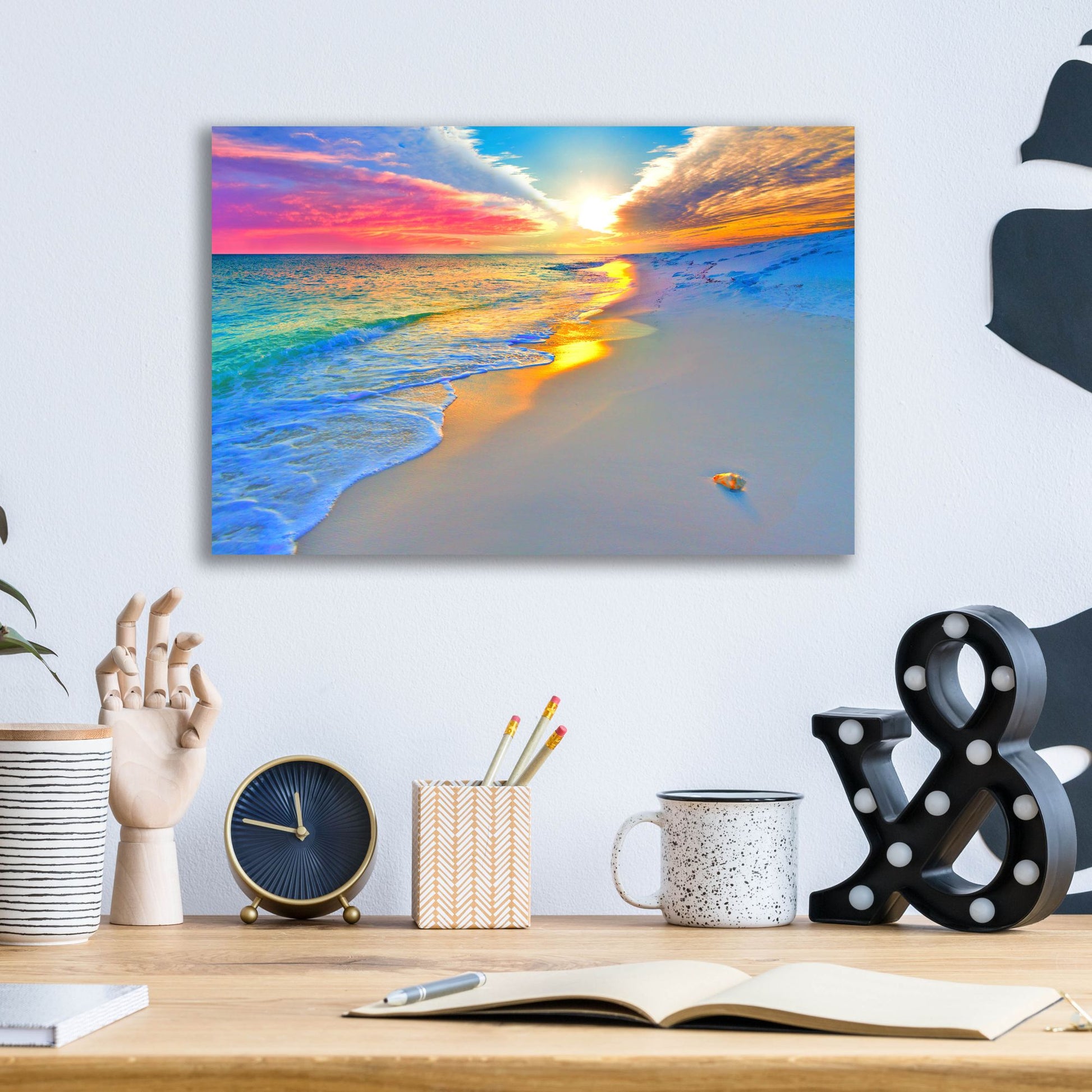 Epic Art 'Sunset Wall Beach Shell Landscape' by Ezra Tanner, Acrylic Glass Wall Art,16x12