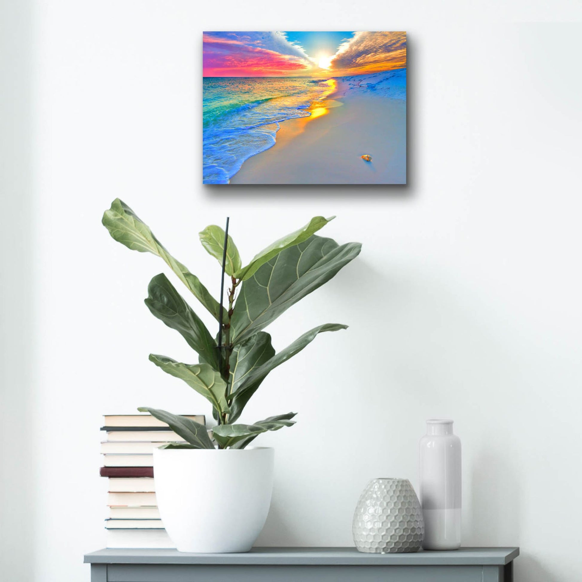 Epic Art 'Sunset Wall Beach Shell Landscape' by Ezra Tanner, Acrylic Glass Wall Art,16x12