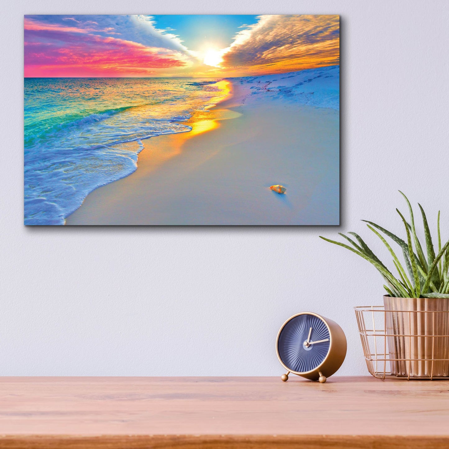 Epic Art 'Sunset Wall Beach Shell Landscape' by Ezra Tanner, Acrylic Glass Wall Art,16x12