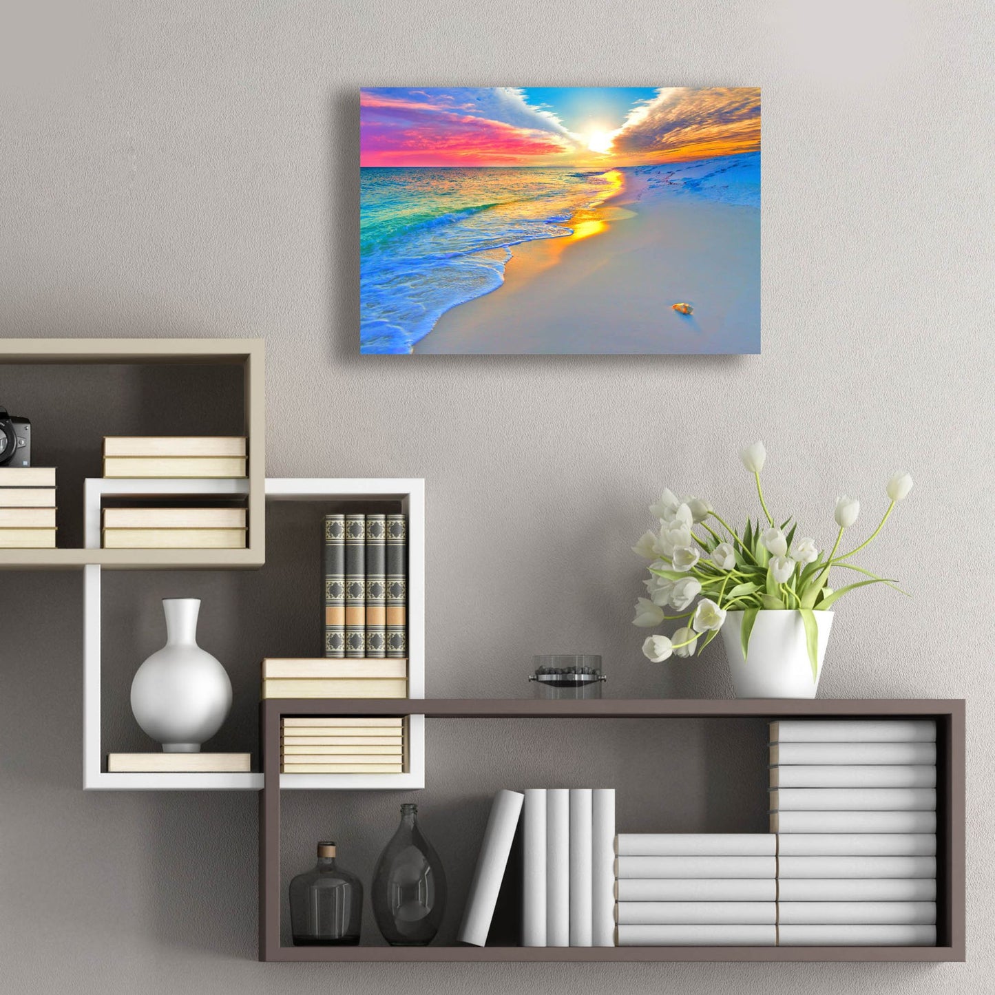 Epic Art 'Sunset Wall Beach Shell Landscape' by Ezra Tanner, Acrylic Glass Wall Art,24x16