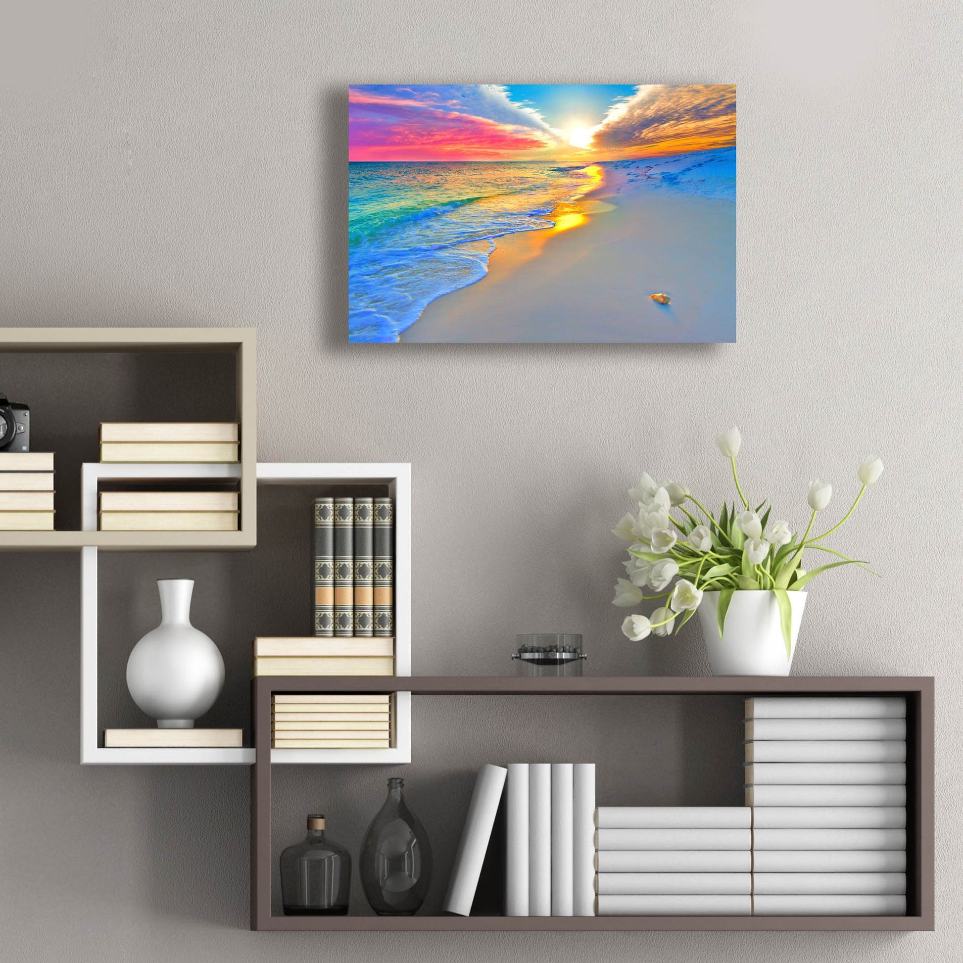 Epic Art 'Sunset Wall Beach Shell Landscape' by Ezra Tanner, Acrylic Glass Wall Art,24x16