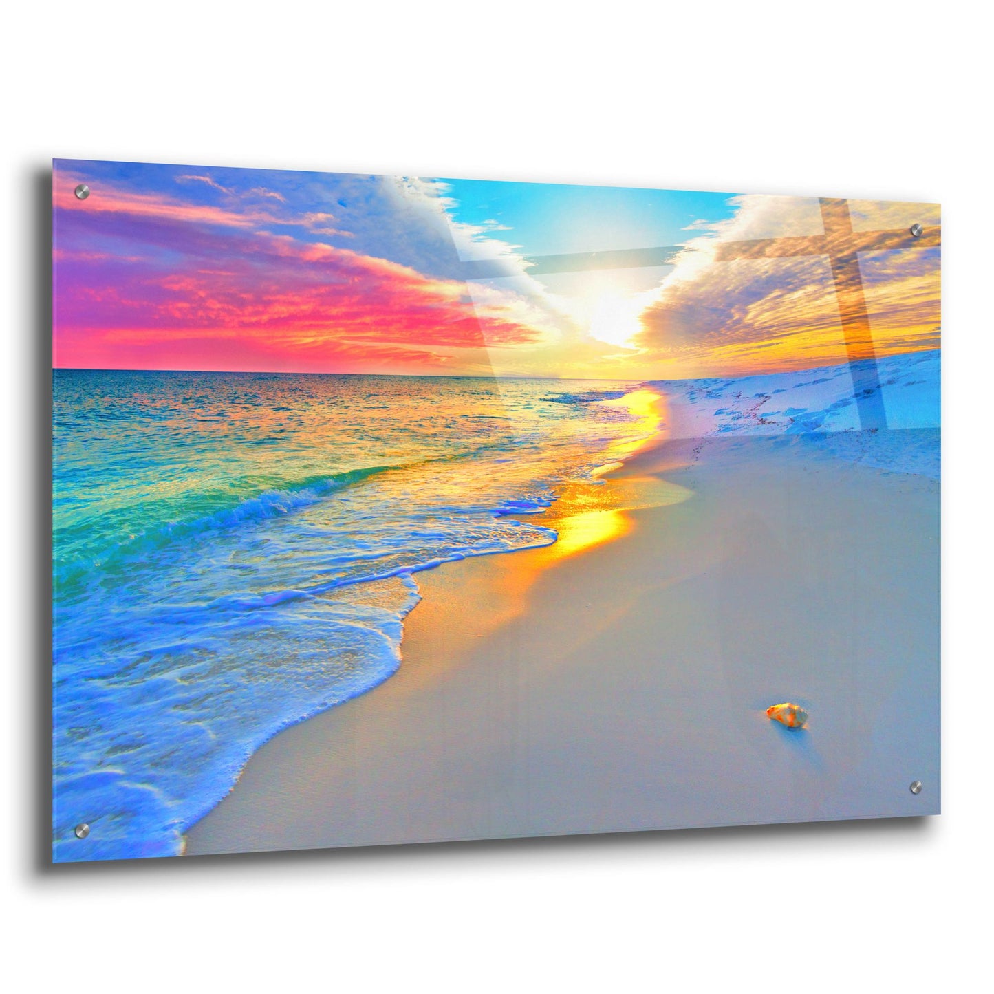 Epic Art 'Sunset Wall Beach Shell Landscape' by Ezra Tanner, Acrylic Glass Wall Art,36x24