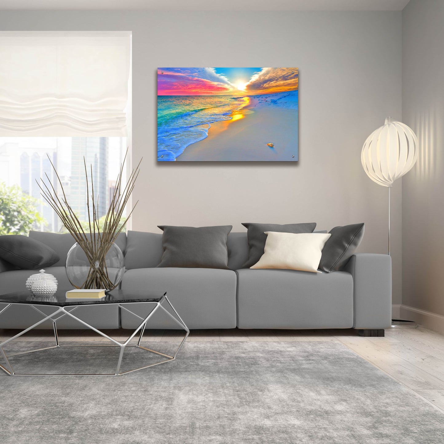 Epic Art 'Sunset Wall Beach Shell Landscape' by Ezra Tanner, Acrylic Glass Wall Art,36x24