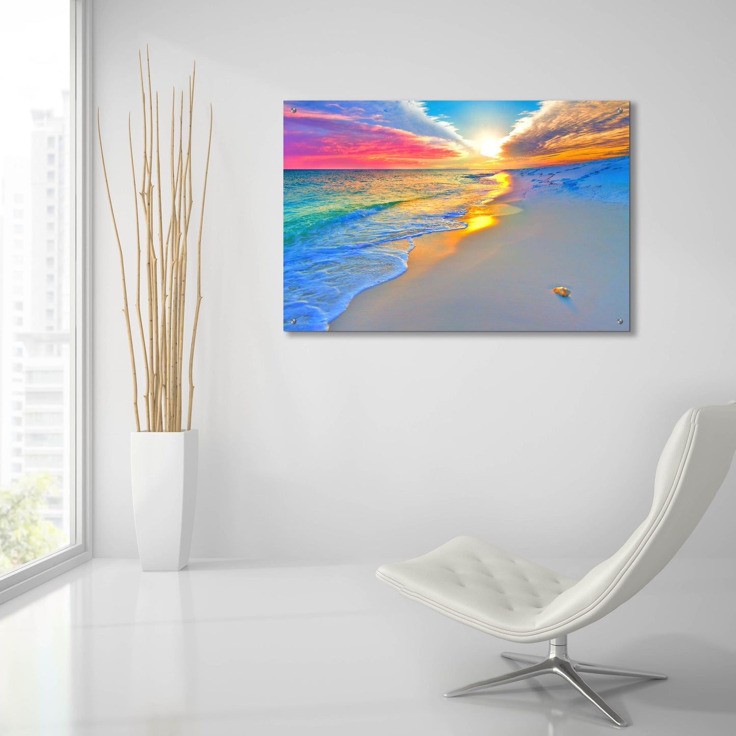 Epic Art 'Sunset Wall Beach Shell Landscape' by Ezra Tanner, Acrylic Glass Wall Art,36x24