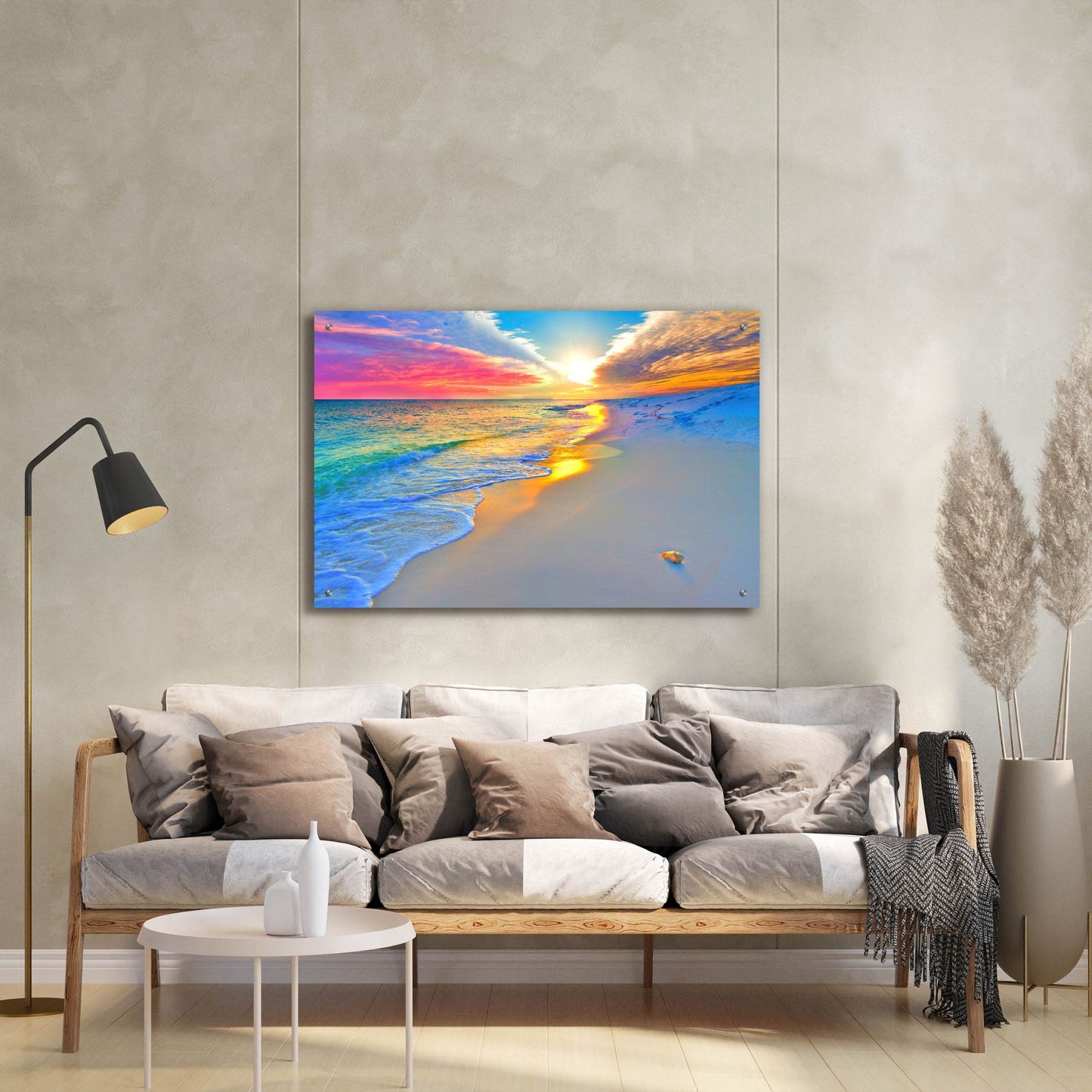 Epic Art 'Sunset Wall Beach Shell Landscape' by Ezra Tanner, Acrylic Glass Wall Art,36x24