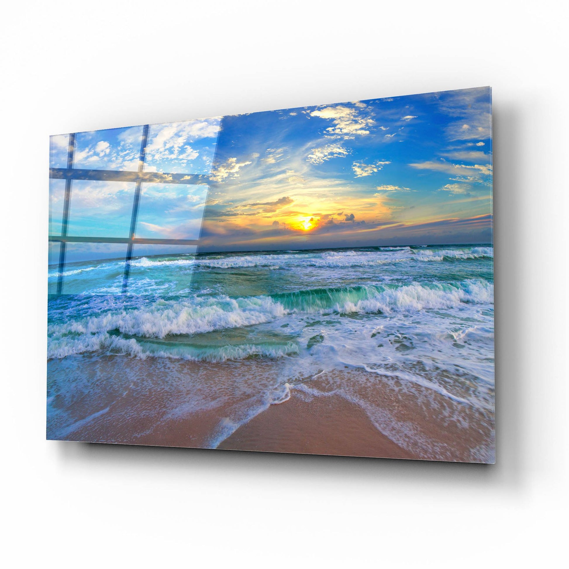 Epic Art 'Blue Beach Waves Sunset Tropical Seascape' by Ezra Tanner, Acrylic Glass Wall Art,16x12