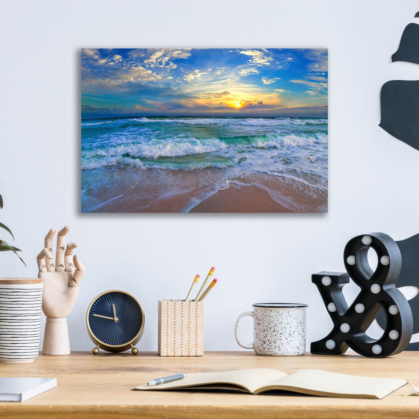 Epic Art 'Blue Beach Waves Sunset Tropical Seascape' by Ezra Tanner, Acrylic Glass Wall Art,16x12