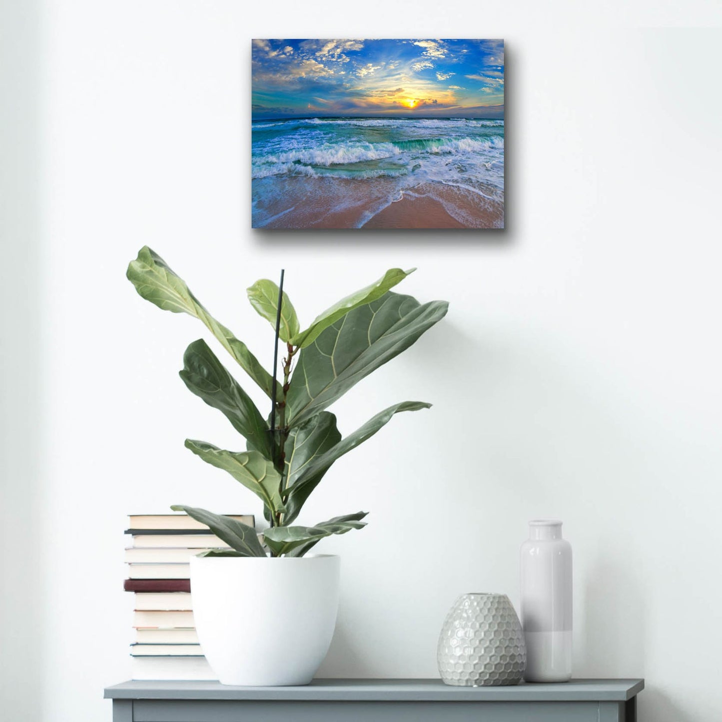 Epic Art 'Blue Beach Waves Sunset Tropical Seascape' by Ezra Tanner, Acrylic Glass Wall Art,16x12