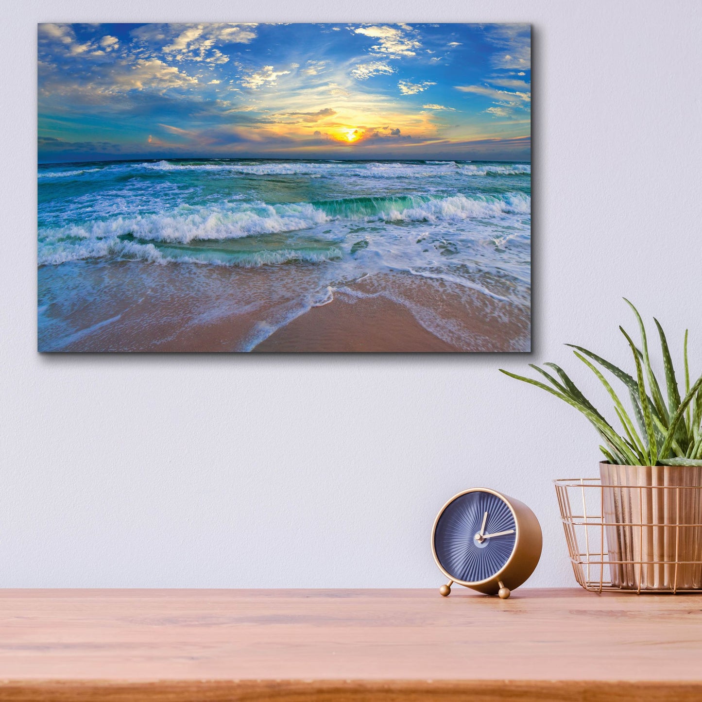 Epic Art 'Blue Beach Waves Sunset Tropical Seascape' by Ezra Tanner, Acrylic Glass Wall Art,16x12