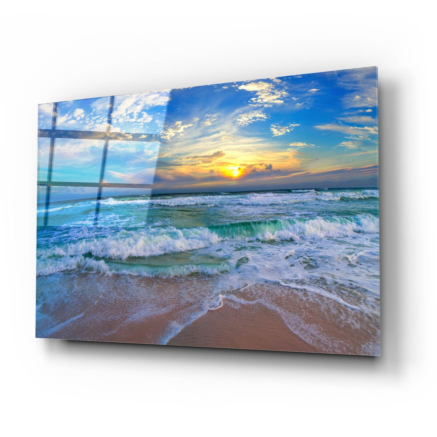 Epic Art 'Blue Beach Waves Sunset Tropical Seascape' by Ezra Tanner, Acrylic Glass Wall Art,24x16