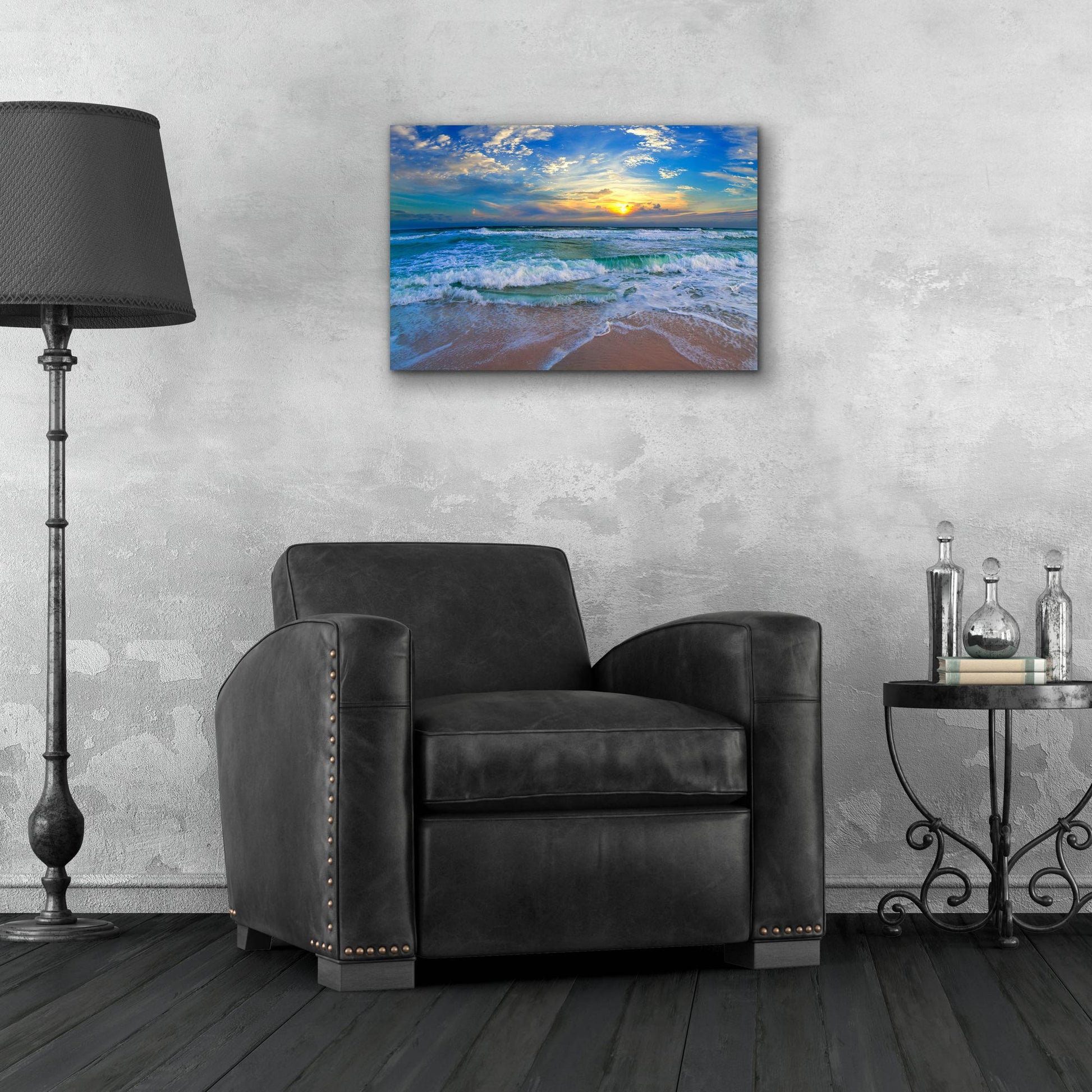 Epic Art 'Blue Beach Waves Sunset Tropical Seascape' by Ezra Tanner, Acrylic Glass Wall Art,24x16