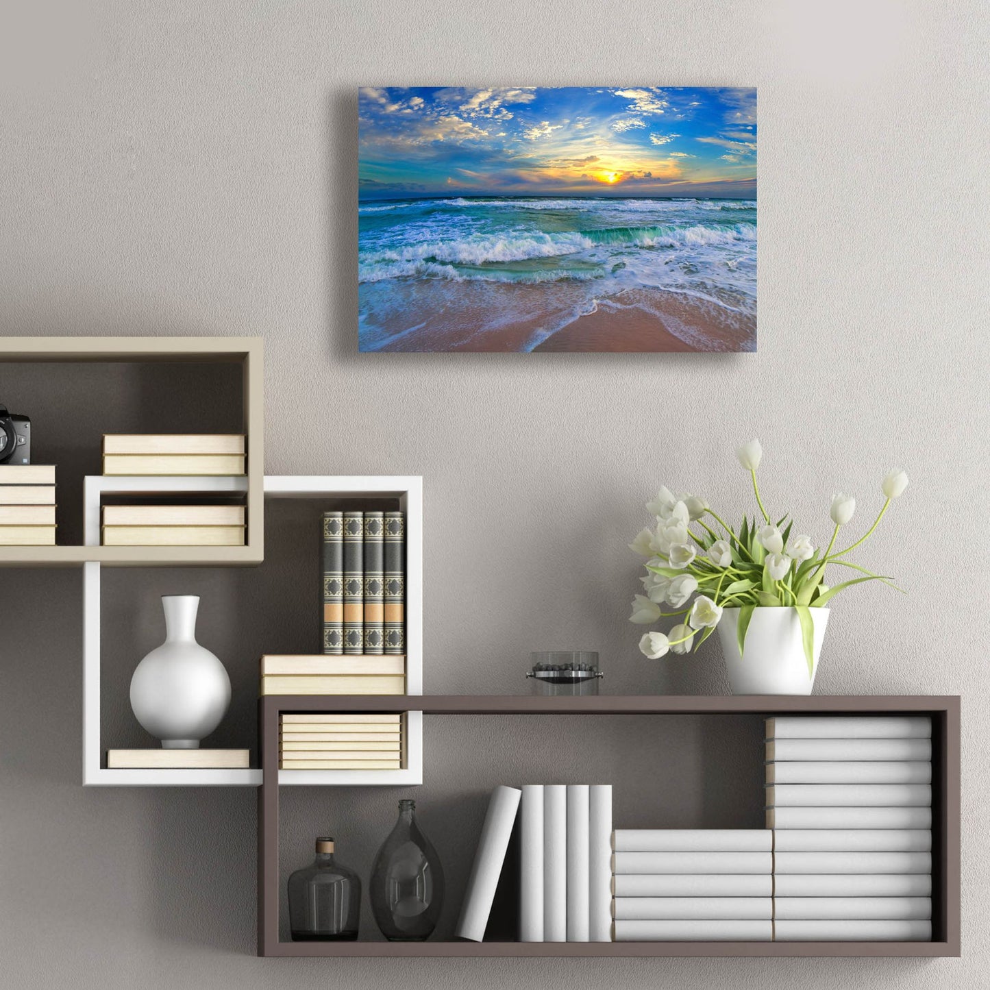 Epic Art 'Blue Beach Waves Sunset Tropical Seascape' by Ezra Tanner, Acrylic Glass Wall Art,24x16