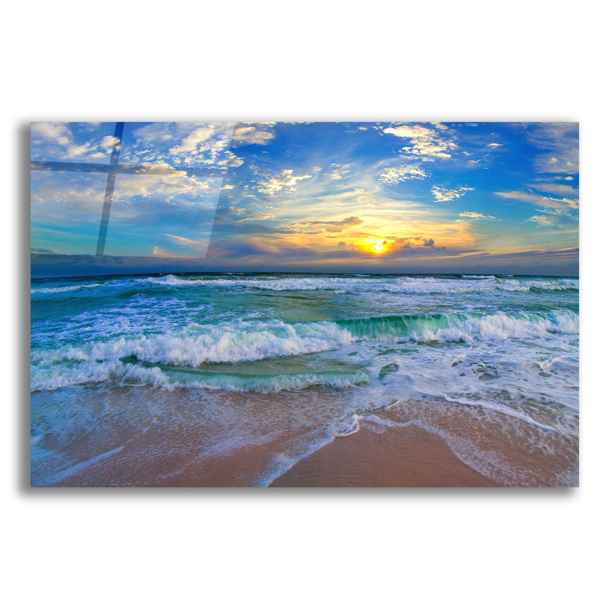 Epic Art 'Blue Beach Waves Sunset Tropical Seascape' by Ezra Tanner, Acrylic Glass Wall Art,24x16