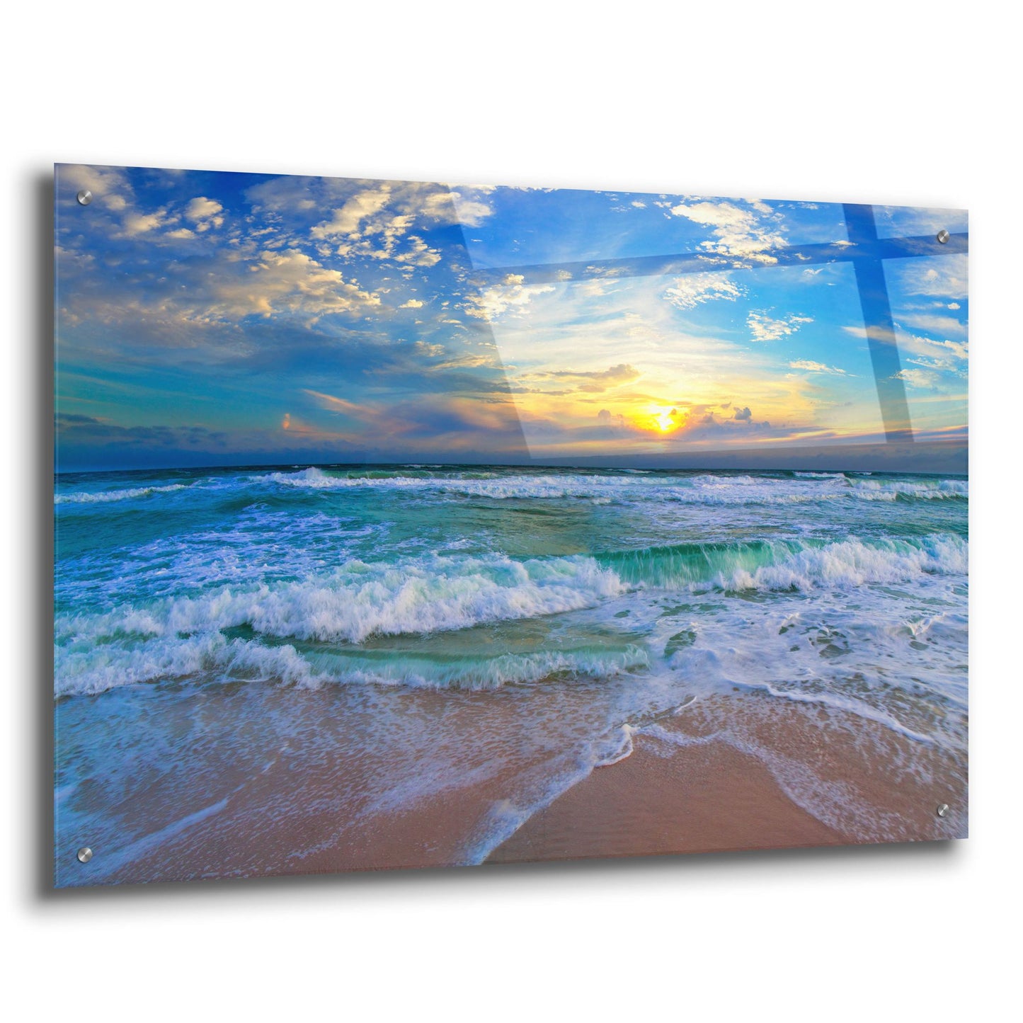 Epic Art 'Blue Beach Waves Sunset Tropical Seascape' by Ezra Tanner, Acrylic Glass Wall Art,36x24