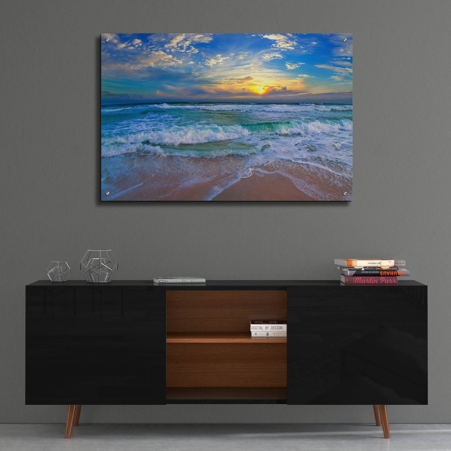 Epic Art 'Blue Beach Waves Sunset Tropical Seascape' by Ezra Tanner, Acrylic Glass Wall Art,36x24