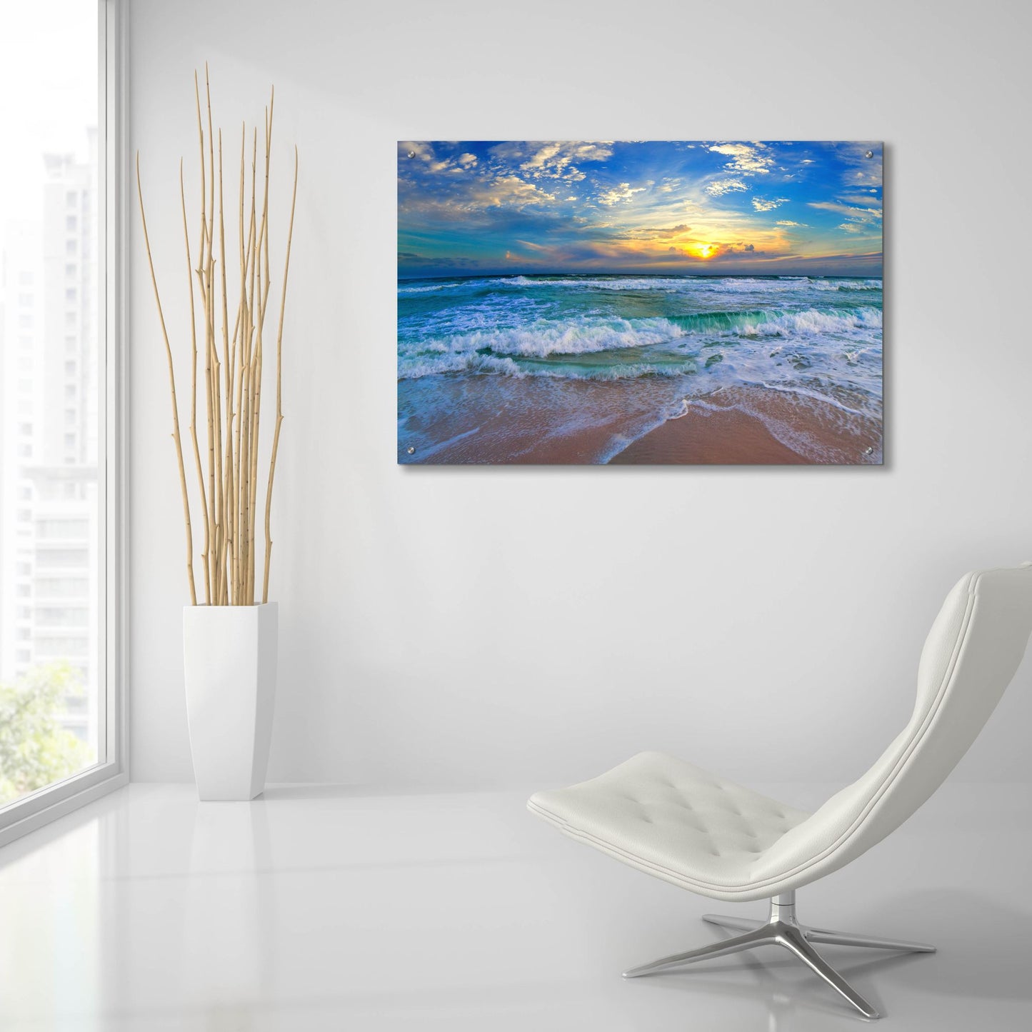 Epic Art 'Blue Beach Waves Sunset Tropical Seascape' by Ezra Tanner, Acrylic Glass Wall Art,36x24