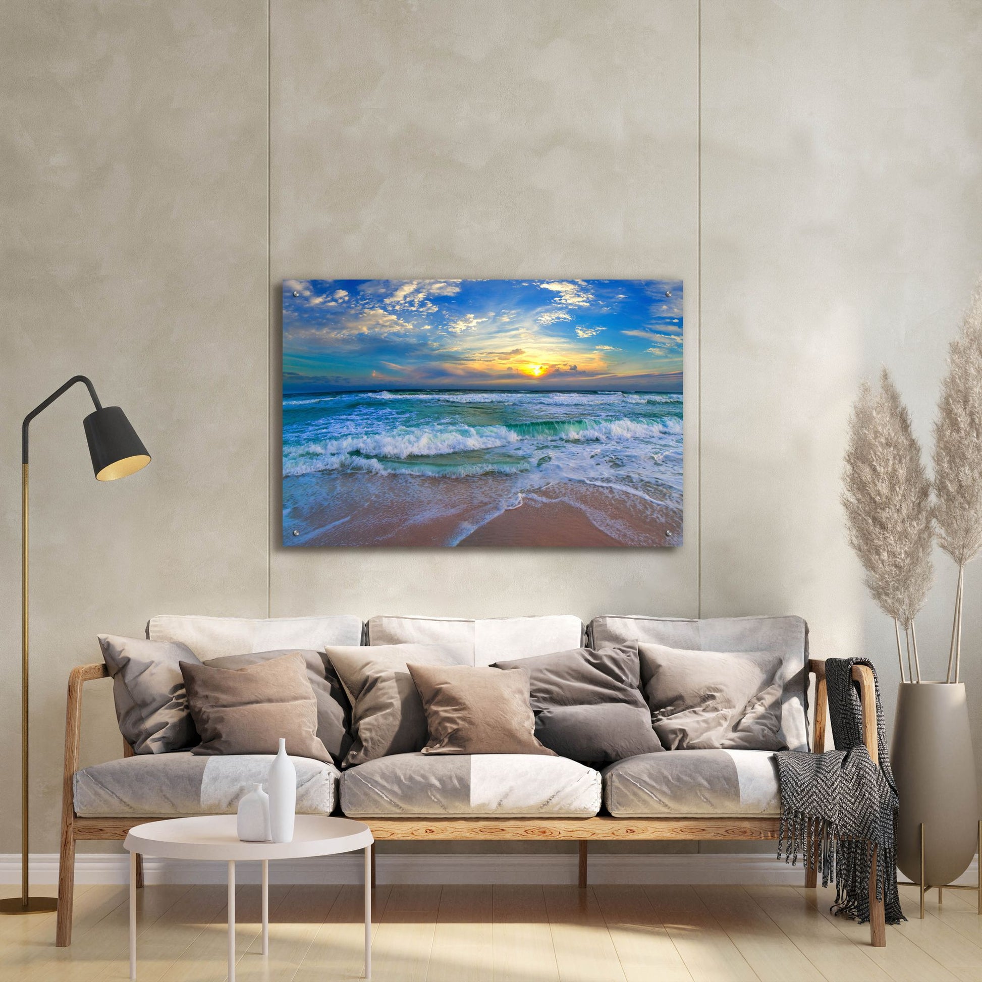 Epic Art 'Blue Beach Waves Sunset Tropical Seascape' by Ezra Tanner, Acrylic Glass Wall Art,36x24