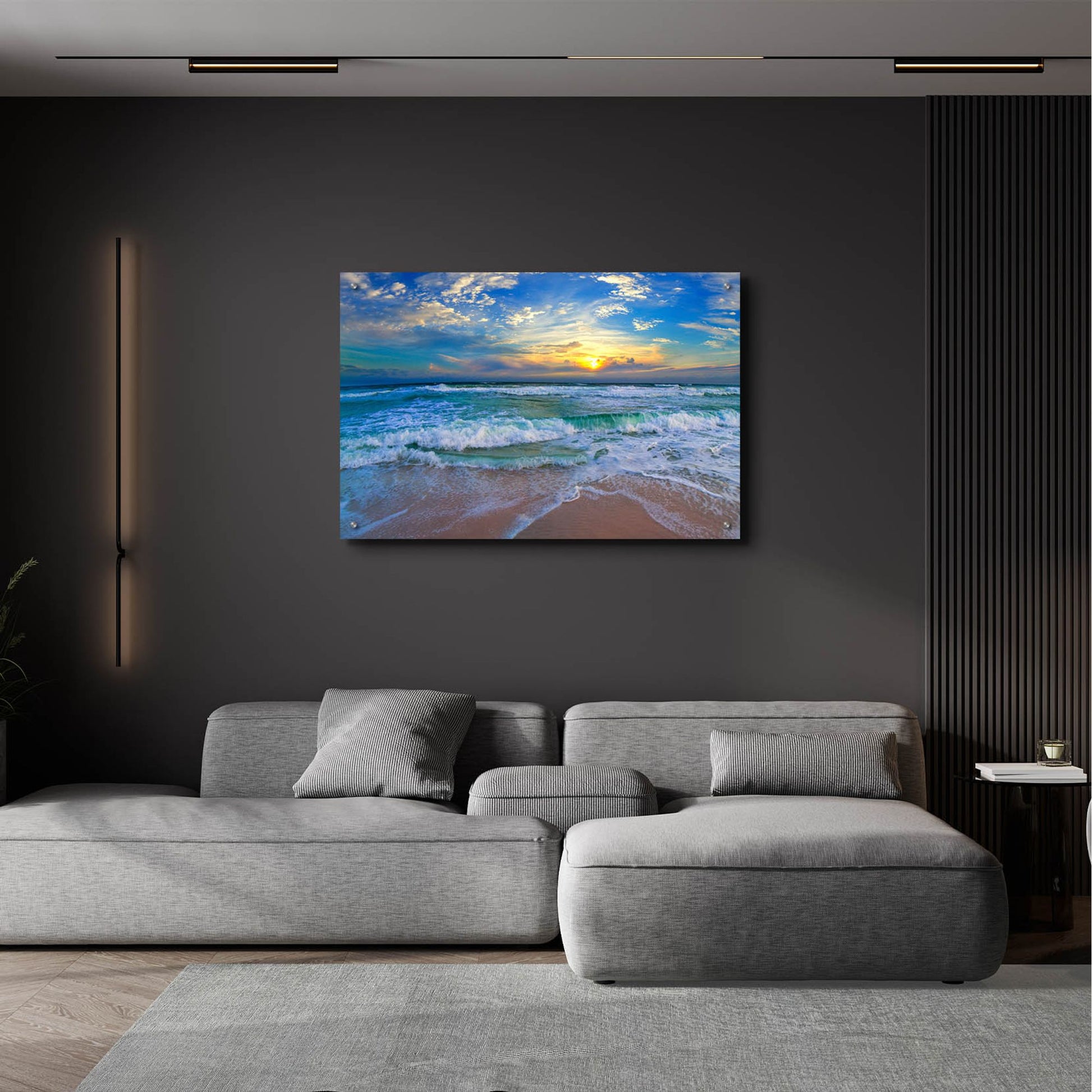 Epic Art 'Blue Beach Waves Sunset Tropical Seascape' by Ezra Tanner, Acrylic Glass Wall Art,36x24