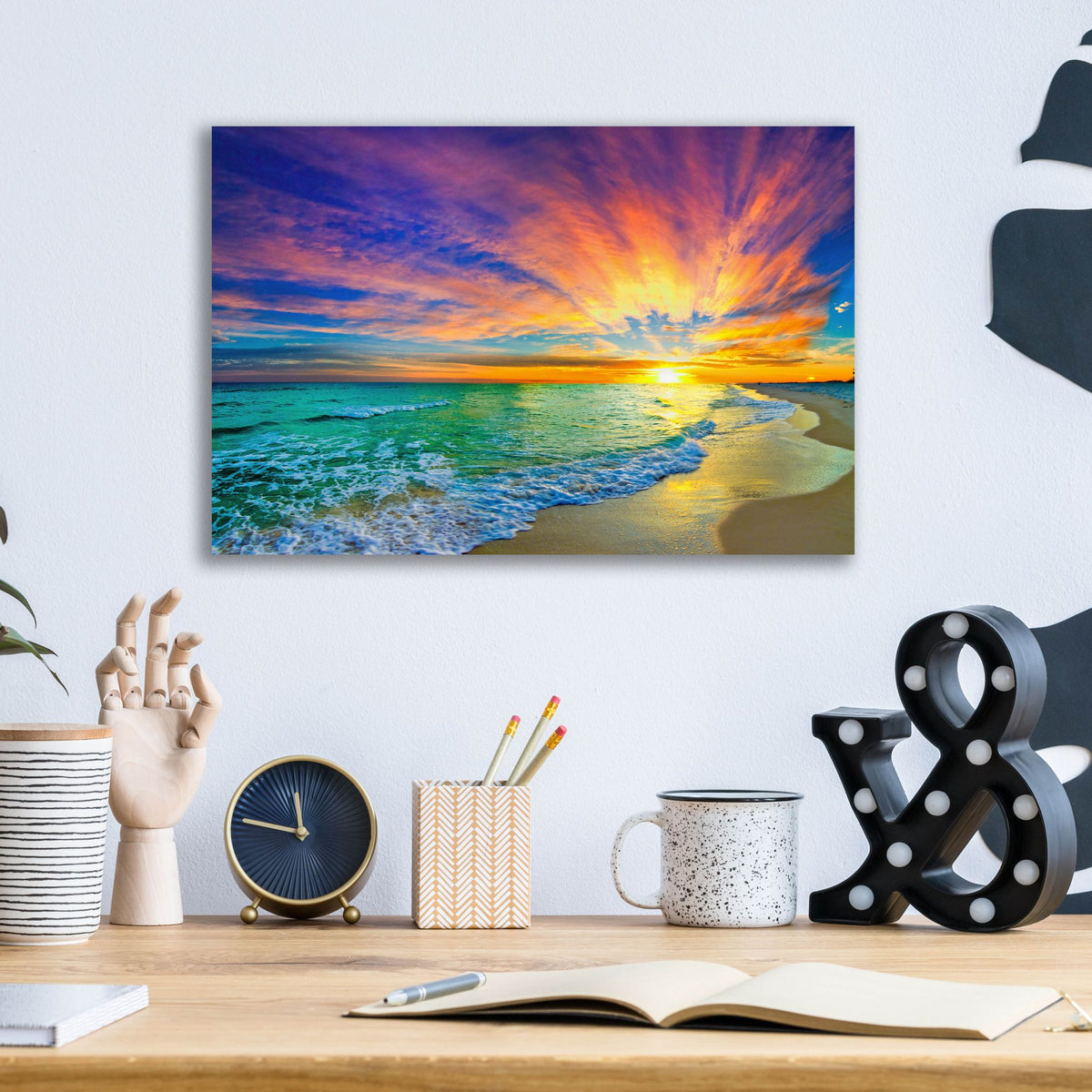 Epic Art 'Colorful Ocean Sunset Orange And Red Beach Sunset' by Ezra Tanner, Acrylic Glass Wall Art,16x12