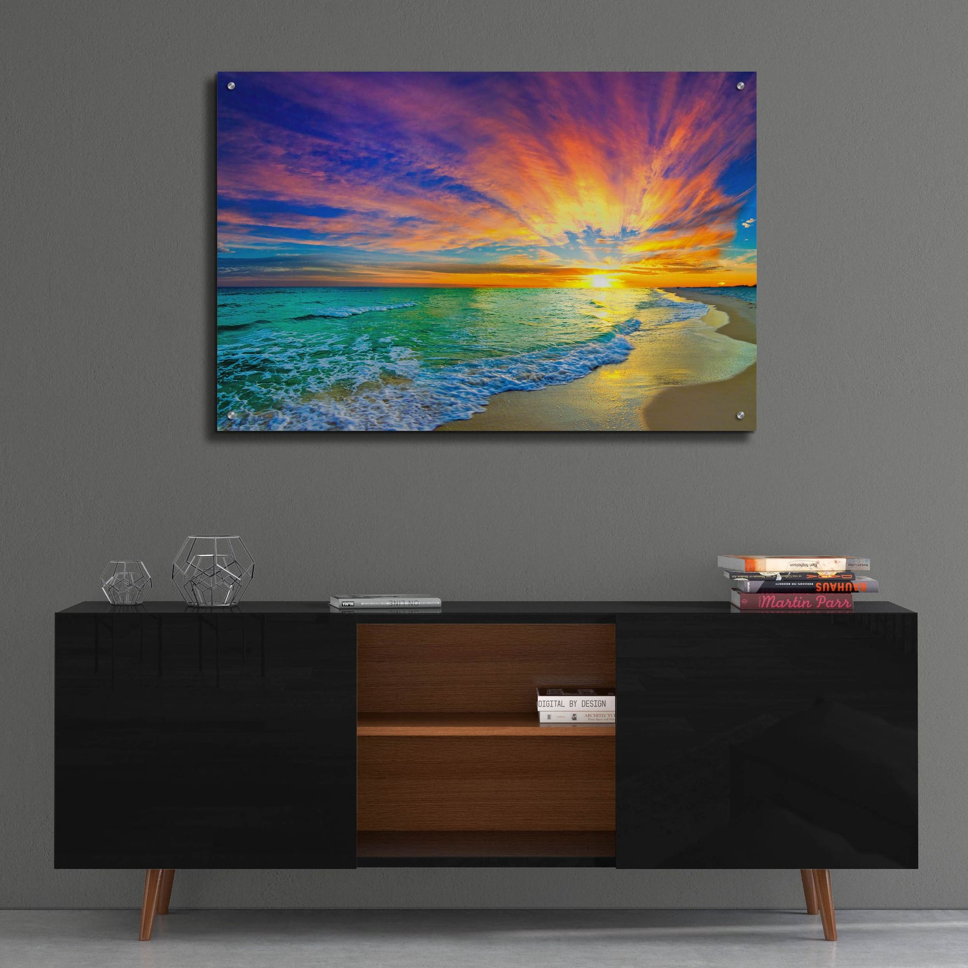Epic Art 'Colorful Ocean Sunset Orange And Red Beach Sunset' by Ezra Tanner, Acrylic Glass Wall Art,36x24