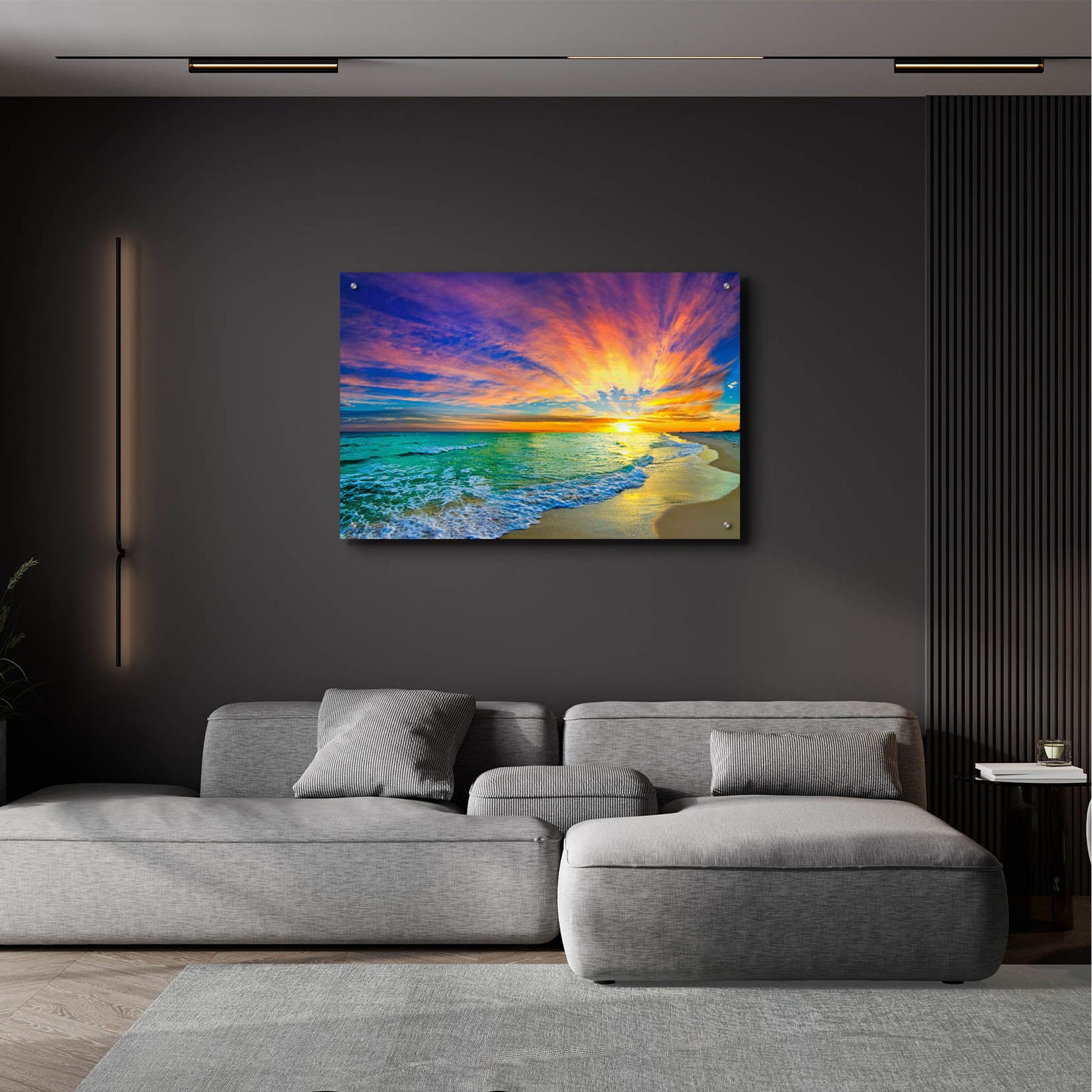 Epic Art 'Colorful Ocean Sunset Orange And Red Beach Sunset' by Ezra Tanner, Acrylic Glass Wall Art,36x24