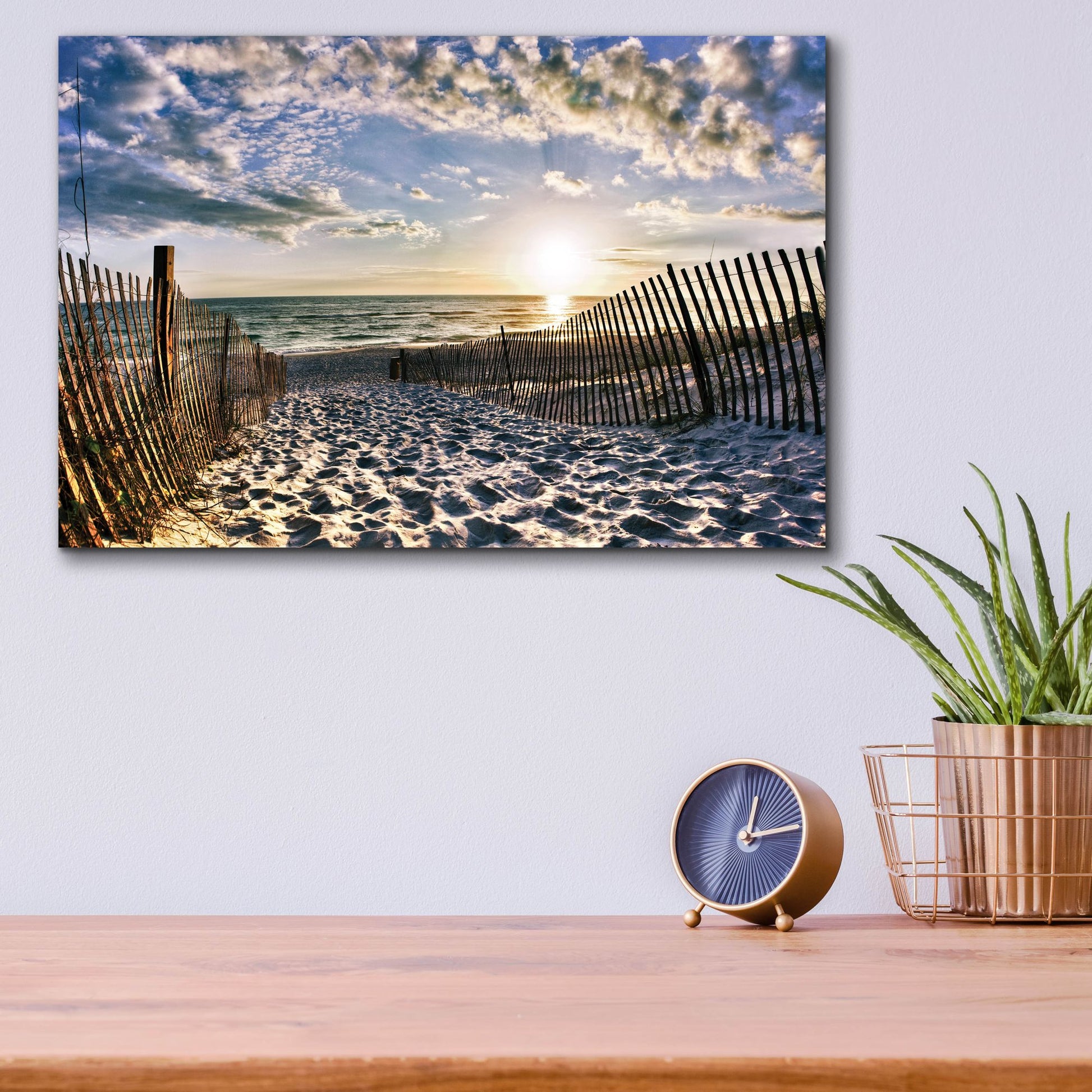 Epic Art 'Rosemary Beach Sunset 30a Footprints in Sand' by Ezra Tanner, Acrylic Glass Wall Art,16x12