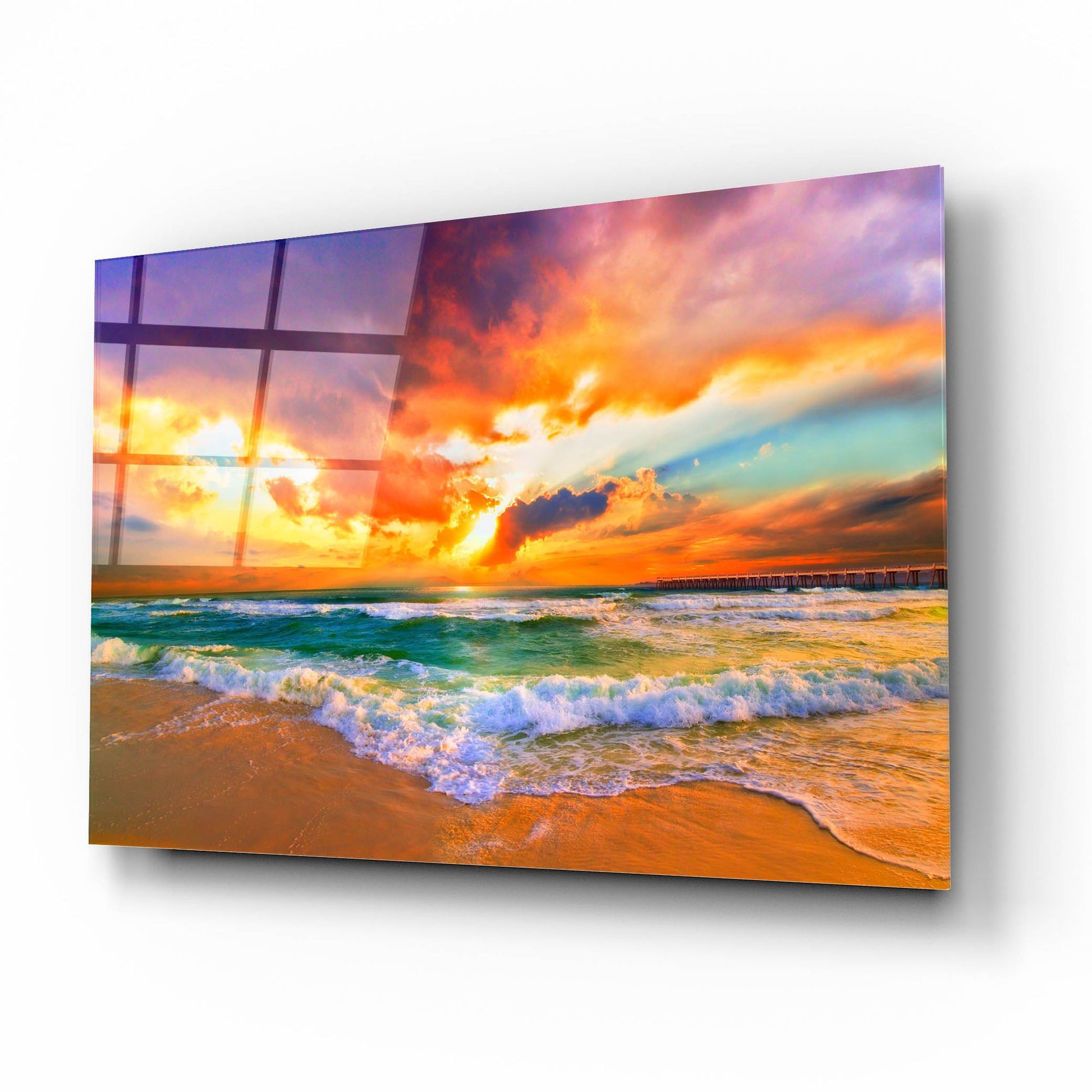 Epic Art 'Red Orange Purple Beautiful Beach Sunset' by Ezra Tanner, Acrylic Glass Wall Art,16x12