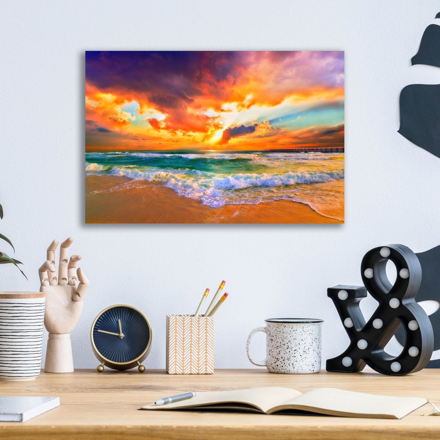 Epic Art 'Red Orange Purple Beautiful Beach Sunset' by Ezra Tanner, Acrylic Glass Wall Art,16x12